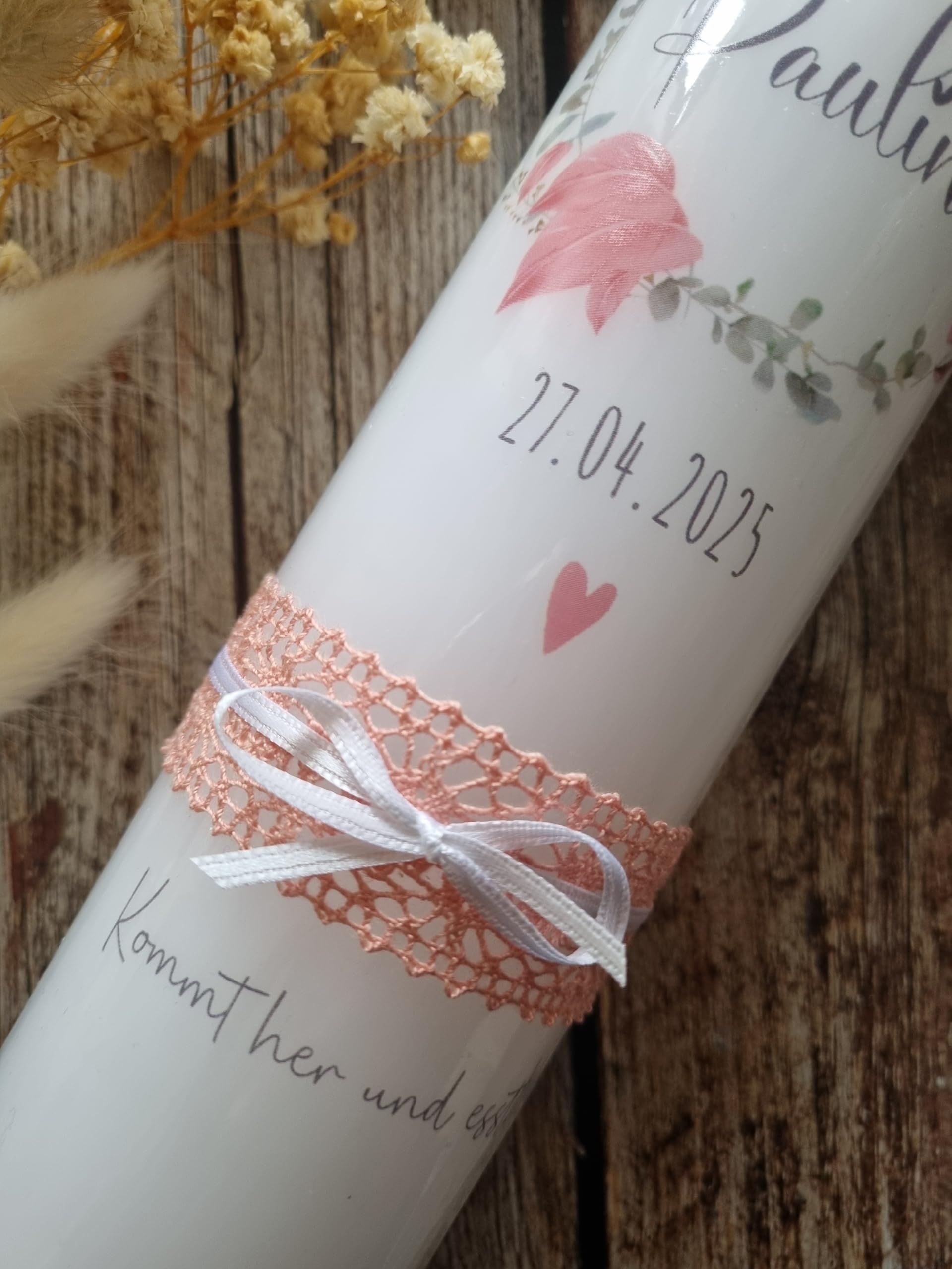 Candela per comunione personalizzata con nome e data, design eucalipto, moderna candela per battesimo per ragazzi | regalo per la prima comunione