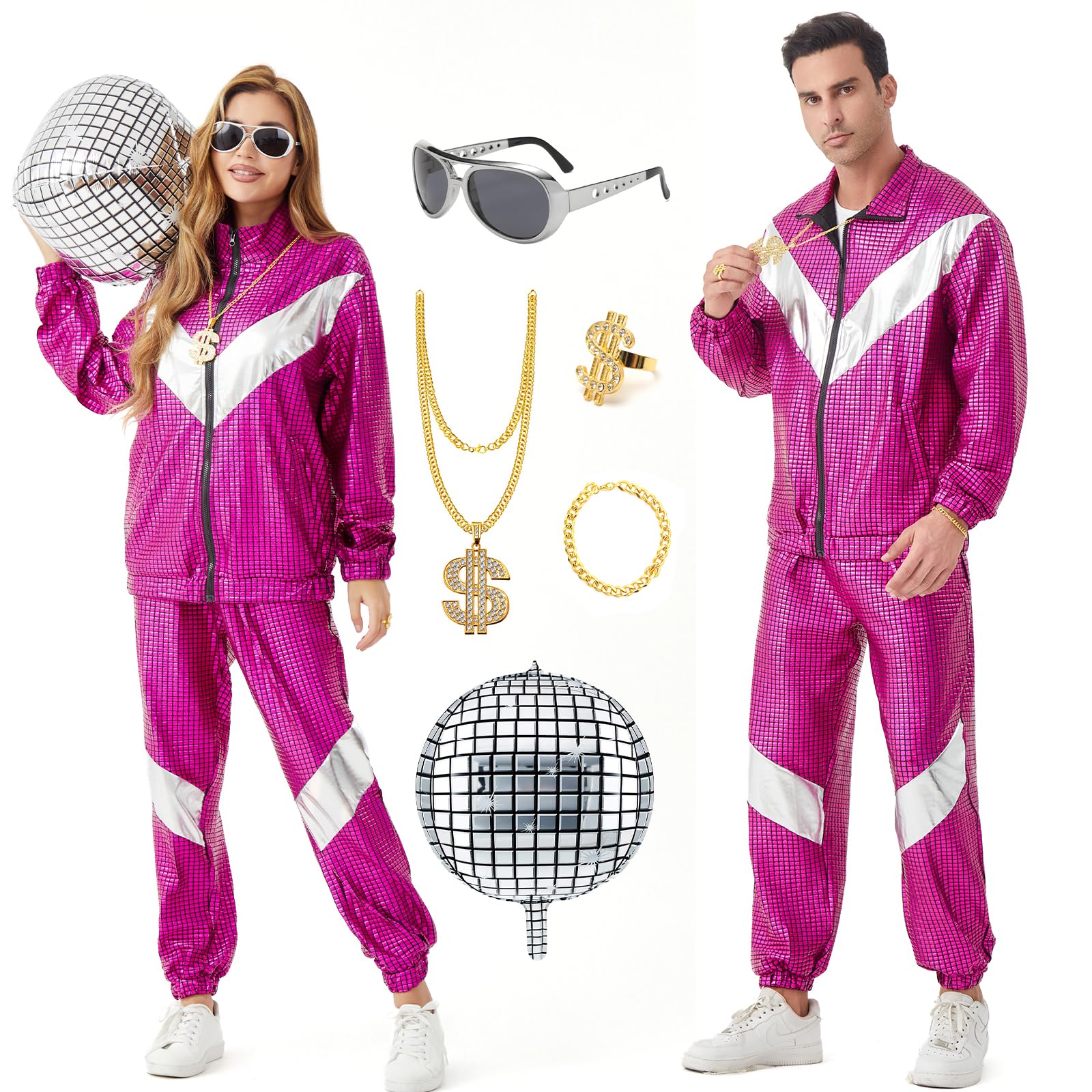 Ezuwail 80er Jahre Outfit Damen Herren - Disco-Outfit Jogginganzug Trainingsanzug Kostüm für Halloween Karneval Retro Kleidung