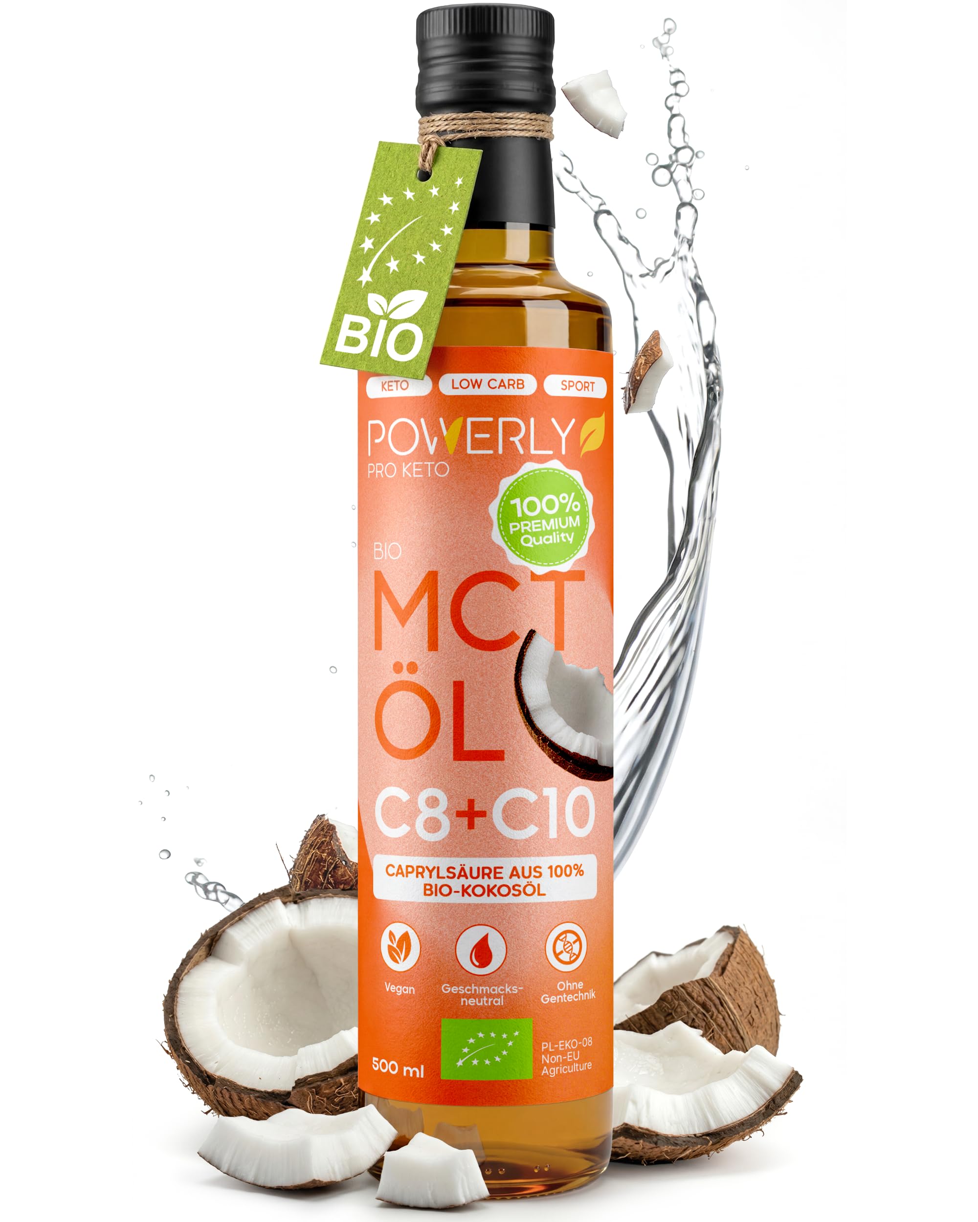 Foodico Bio MCT Öl C8 + C10 | 500 ml | 100% Bio Kokosöl Für Keto & Low Carb | Geschmacksneutral & Vegan | Caprylsäure
