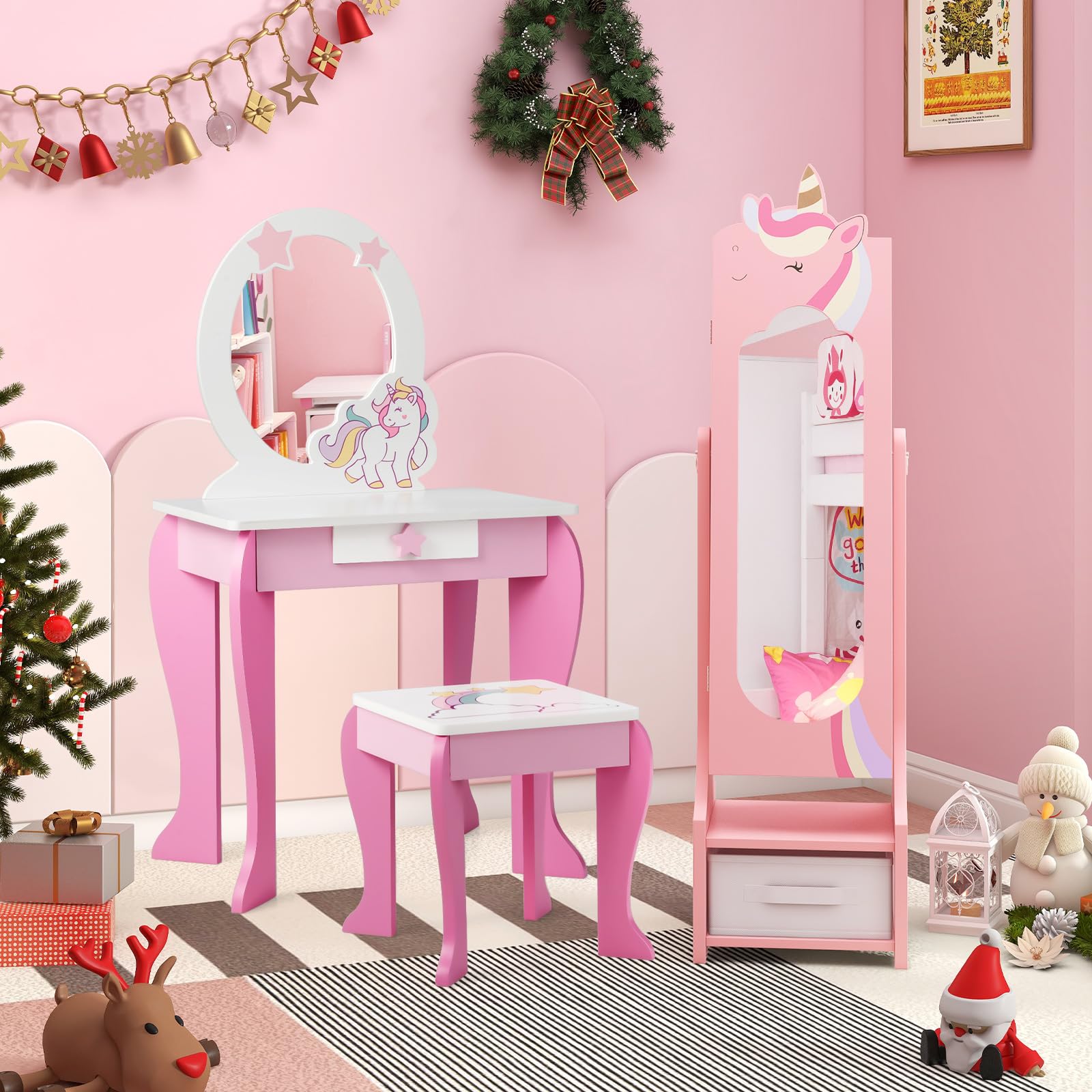 COSTWAY Armario para Joyas para Niños, Unicornio Espejo Joyero de Cuerpo Entero con Almacenamiento y 2 Ángulos Inclinados, Espejo de Vanidad con Ganchos, Estantes y Cajones (Rosa)
