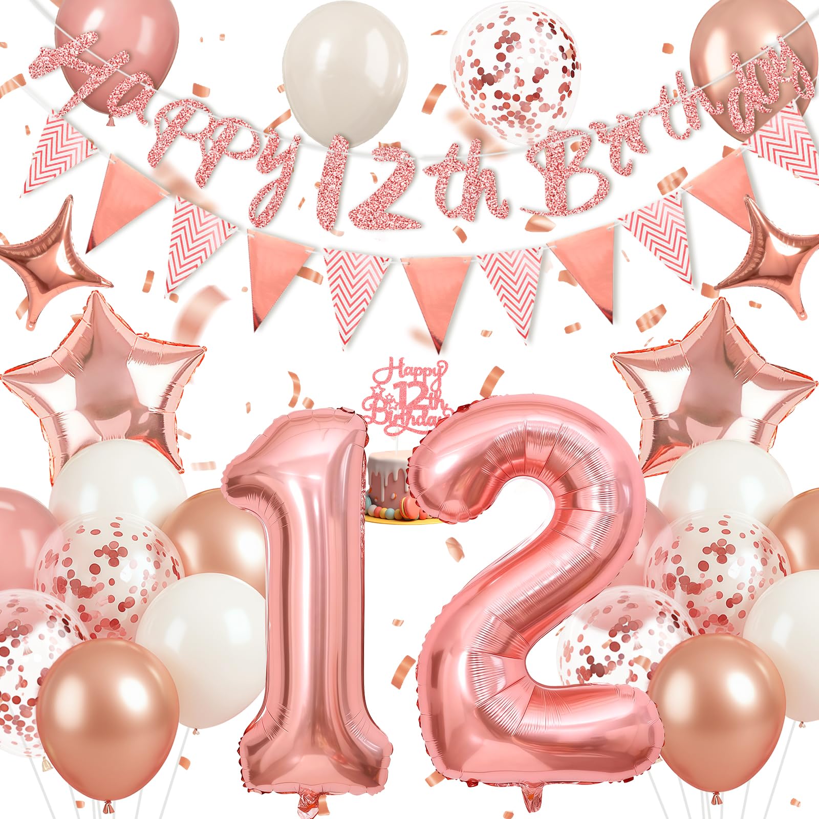 Happivue 12th Birthday Decorations, Sweet 12 Birthday Balloons Party Decoration for Girls, With 12th Banner, Cake Toppers and Triangle Flags, Foil Balloon, 12 Rose Gold Party Decoration Gifts for Her