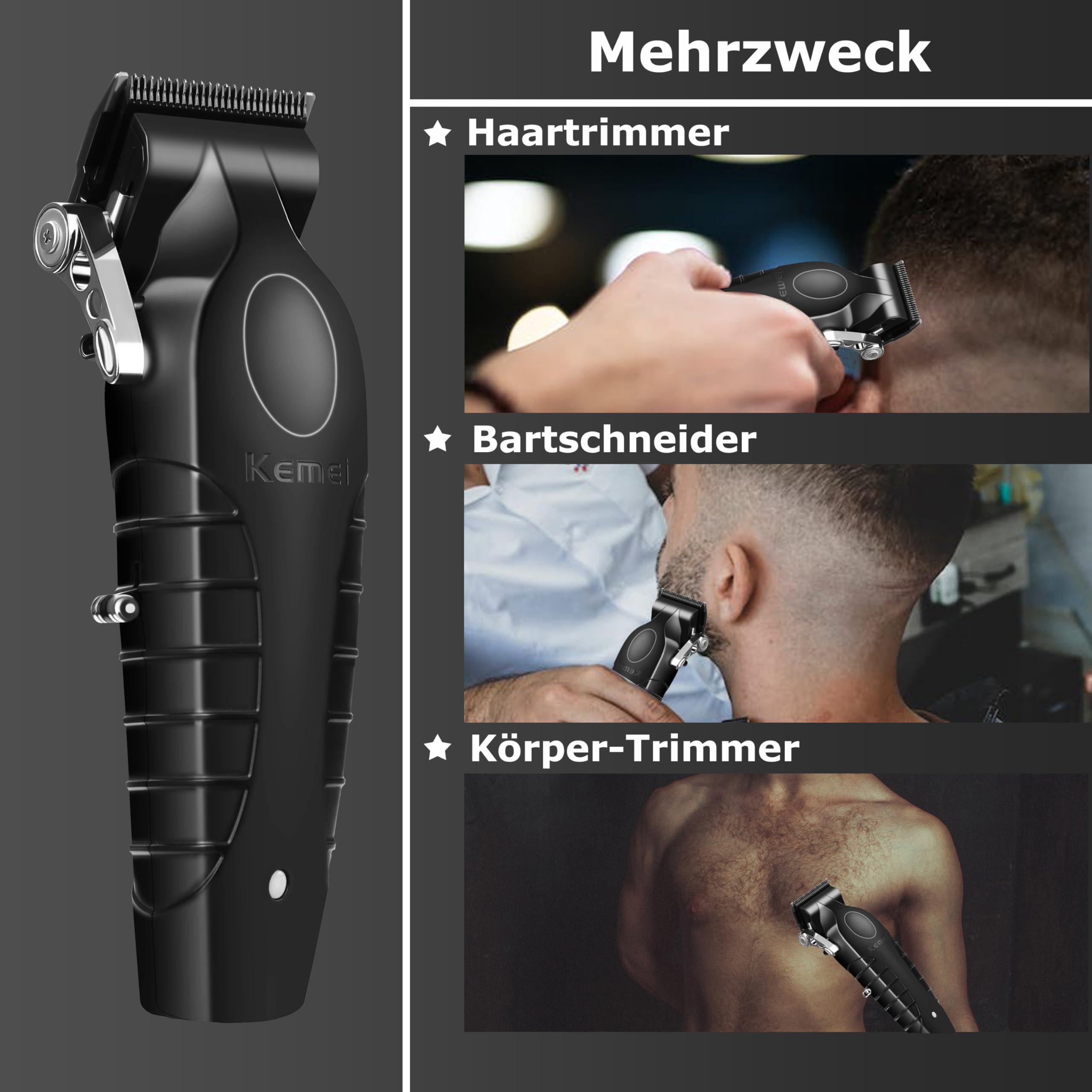 KEMEI 2296 Professionelle Haarschneidemaschinen für Männer | schnurlose Haarschneide-Kits, Haar- & Bartschneider, T-Klinge Barber Clippers mit USB wiederaufladbar, Schwarz