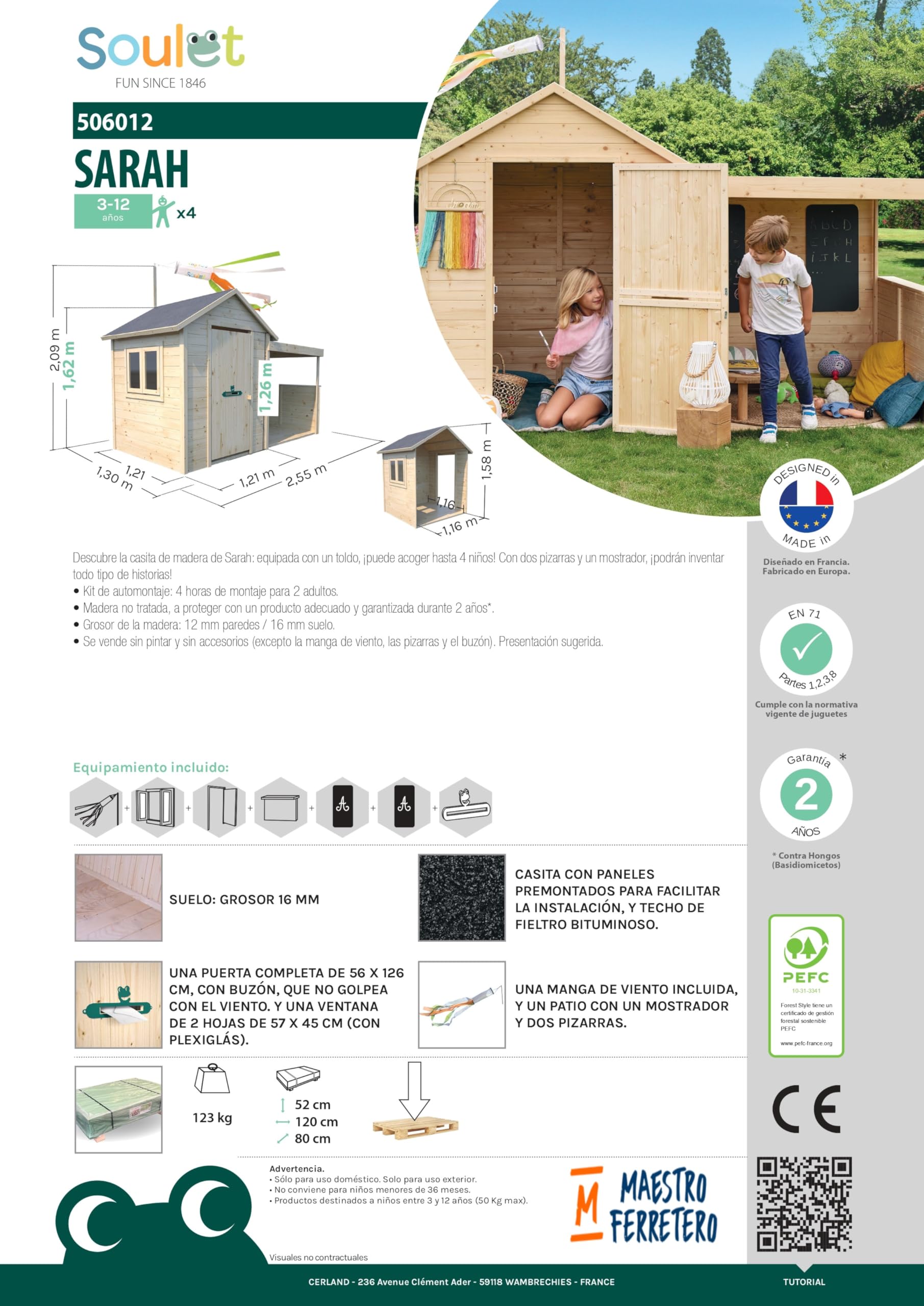 SOULET Casita de Madera Infantil Sarah 180x120x145 cm Jardín Niños Porche Cubierto