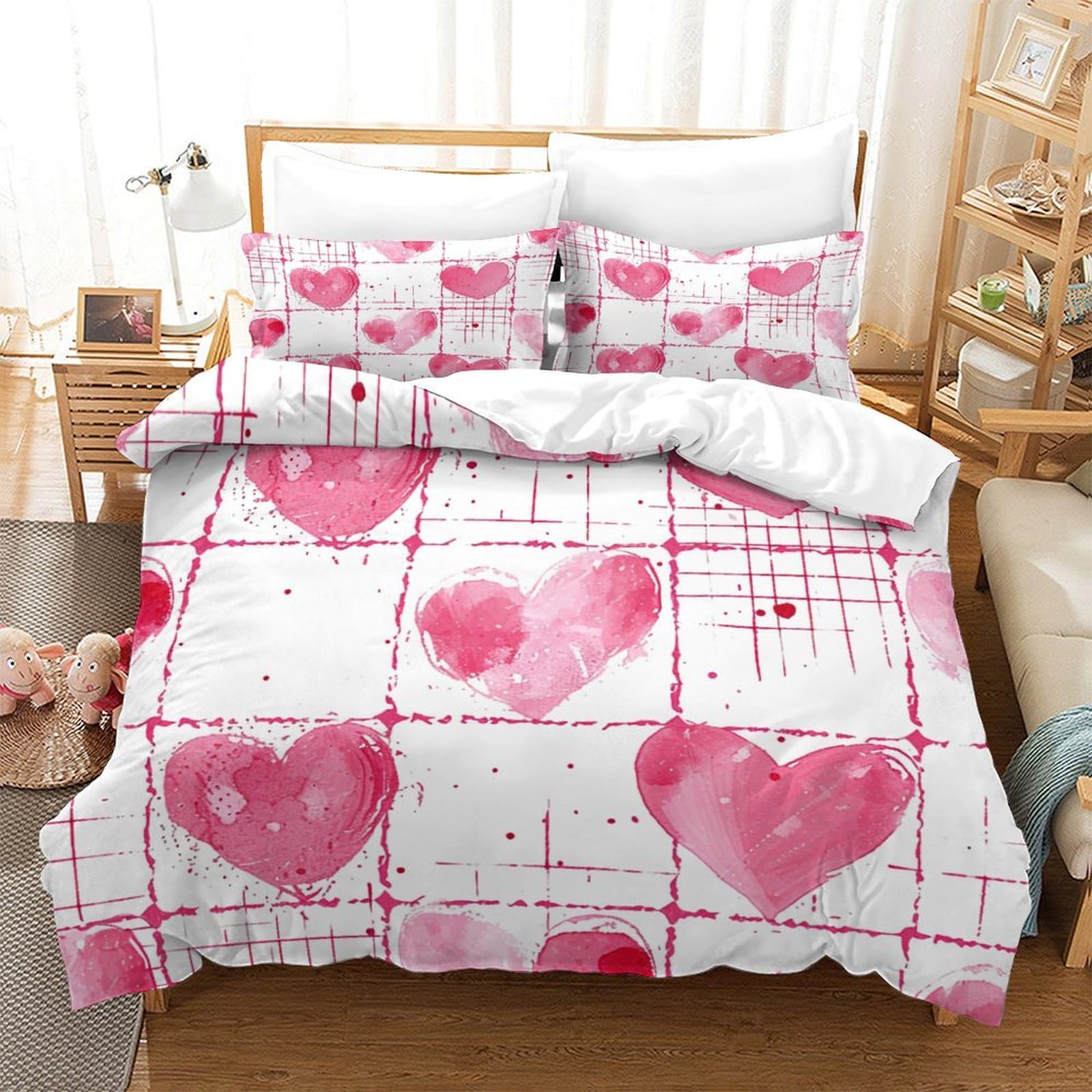 Housse de couette fermeture éclair cachée 200x200 anti-glissement motif coeur