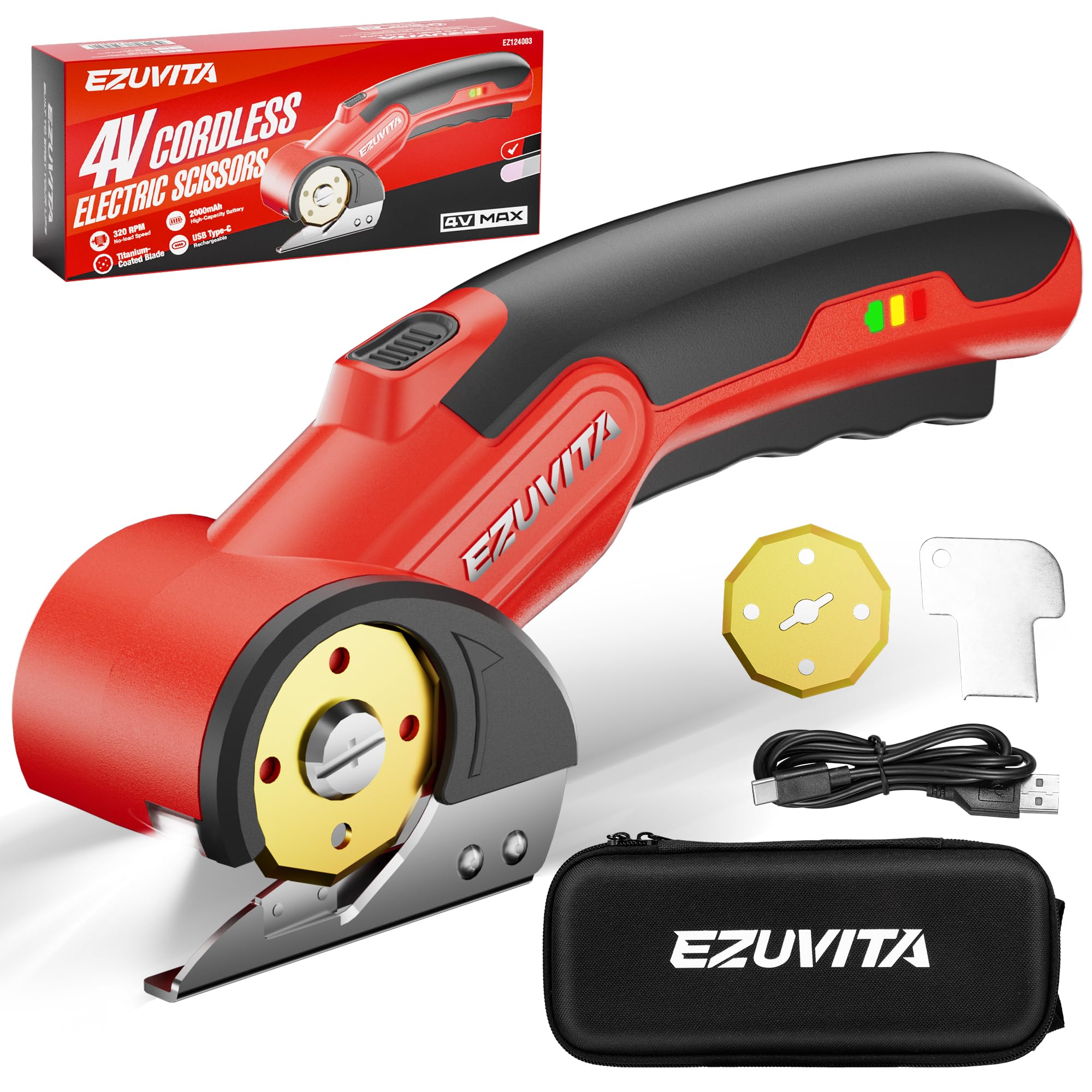 EZUVITA 4V Cordless Electric Scissors with LED Light, Rechargeable Cardboard Box Cutter, Wrench, Storage Bag & Titanium-Coated Replacement Blade for