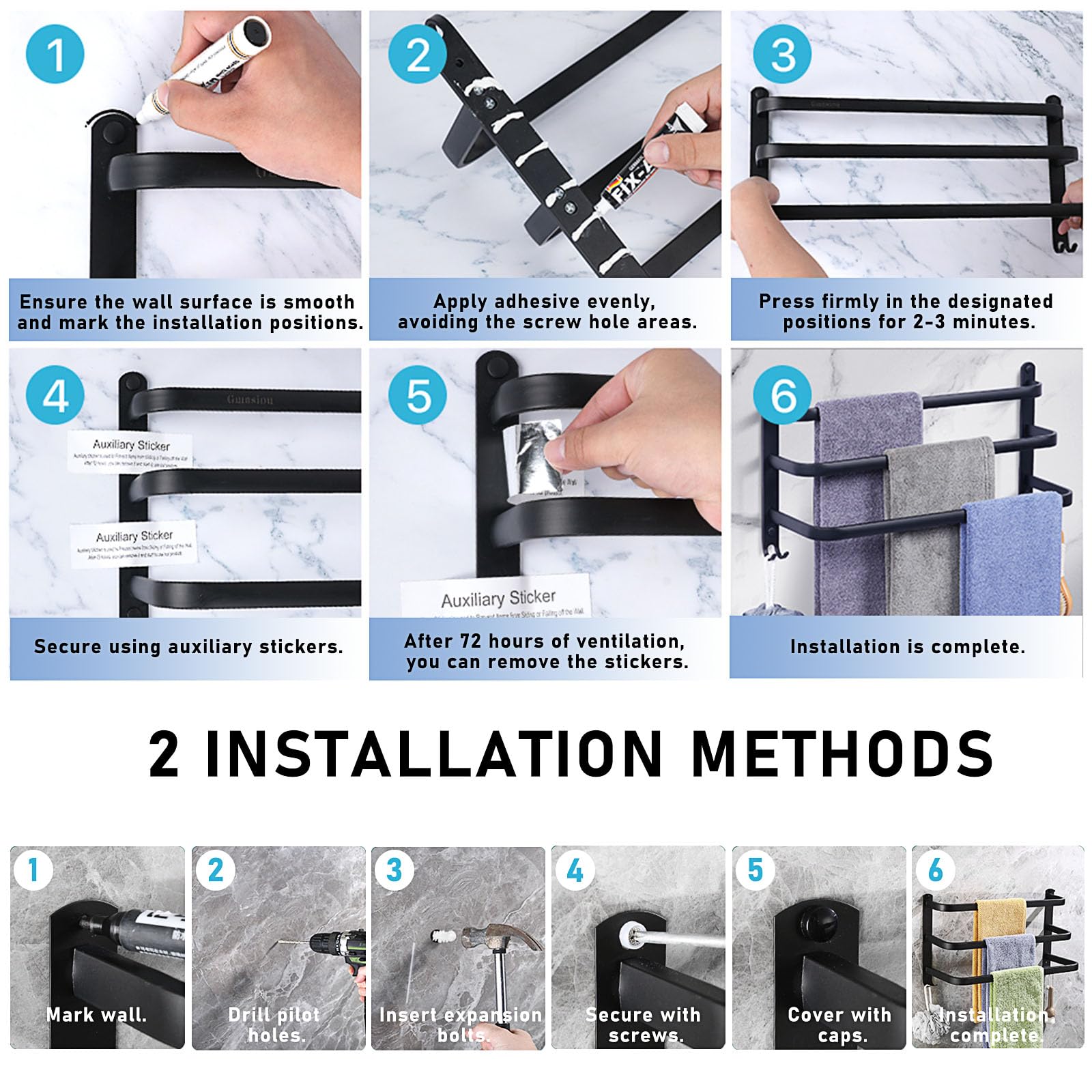 Toallero, toallero de aluminio, montaje en pared, 3 pisos, barra de toalla con gancho, 80 cm, negro, resistente al agua, para baño, cocina, toalla, zapatero
