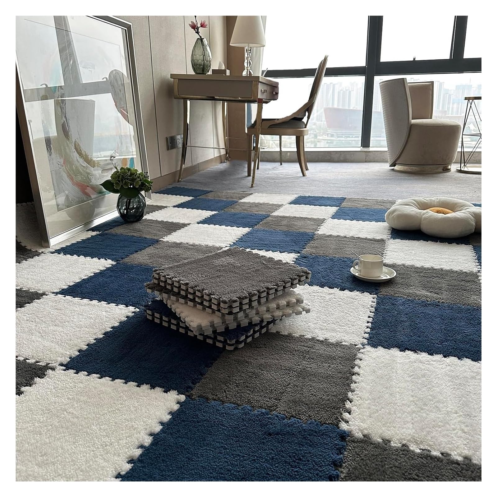 10-częściowa mata podłogowa z puzzli, taka jak dywaniki, piankowa, pluszowe płytki dywanowe obramowaniem, 12x12 cali(Gray+white+navy Blue,0.23 inch)