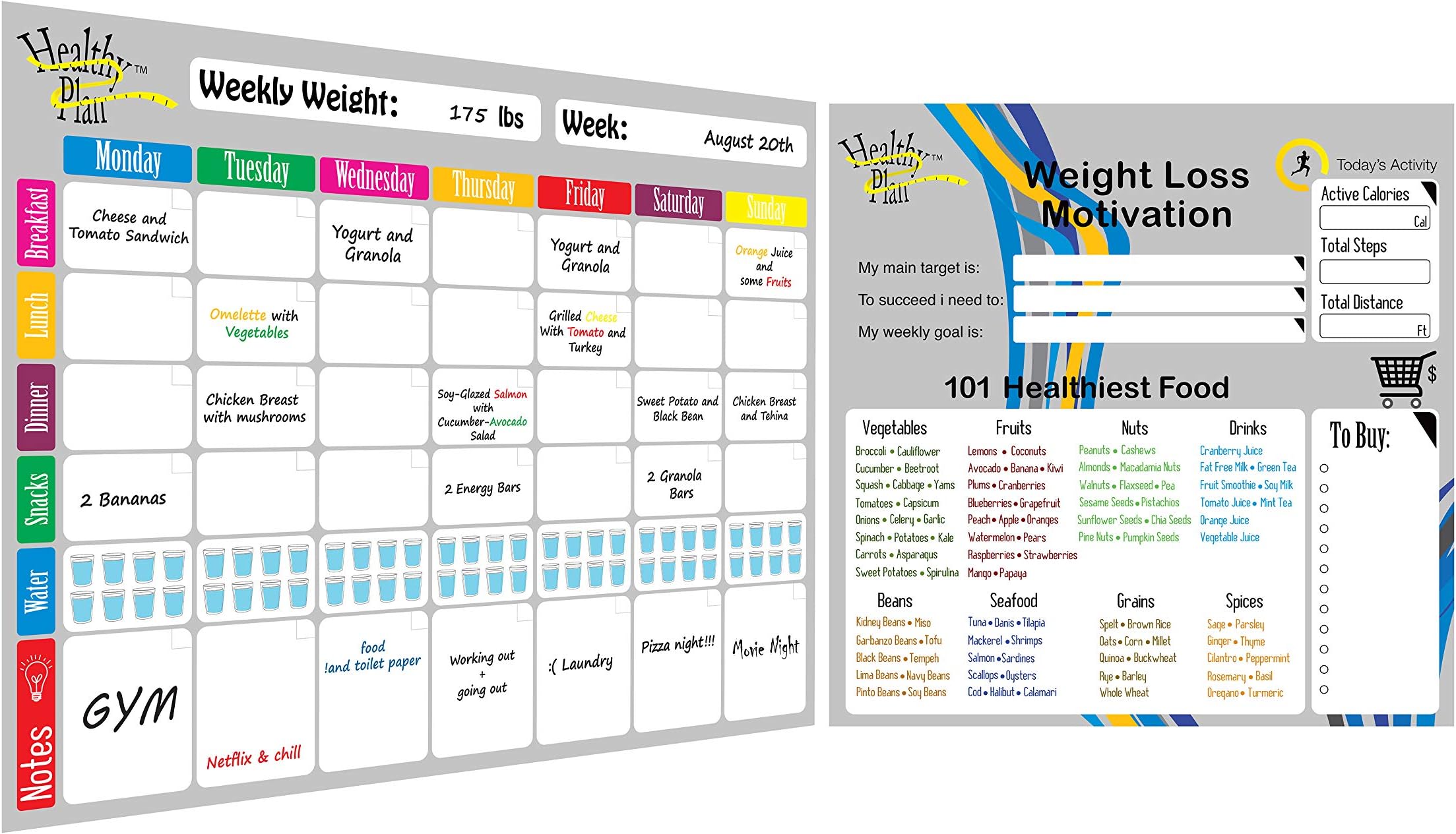 Weekly Meal Planner and Tracker Dry Erase Board – Refrigerator Calendar Food Diary Tracks Water, Healthy Snacks, and Weight Loss – Magnetic Diet Smart Planner + 4 Dry Erase Markers by Healthy Planner
