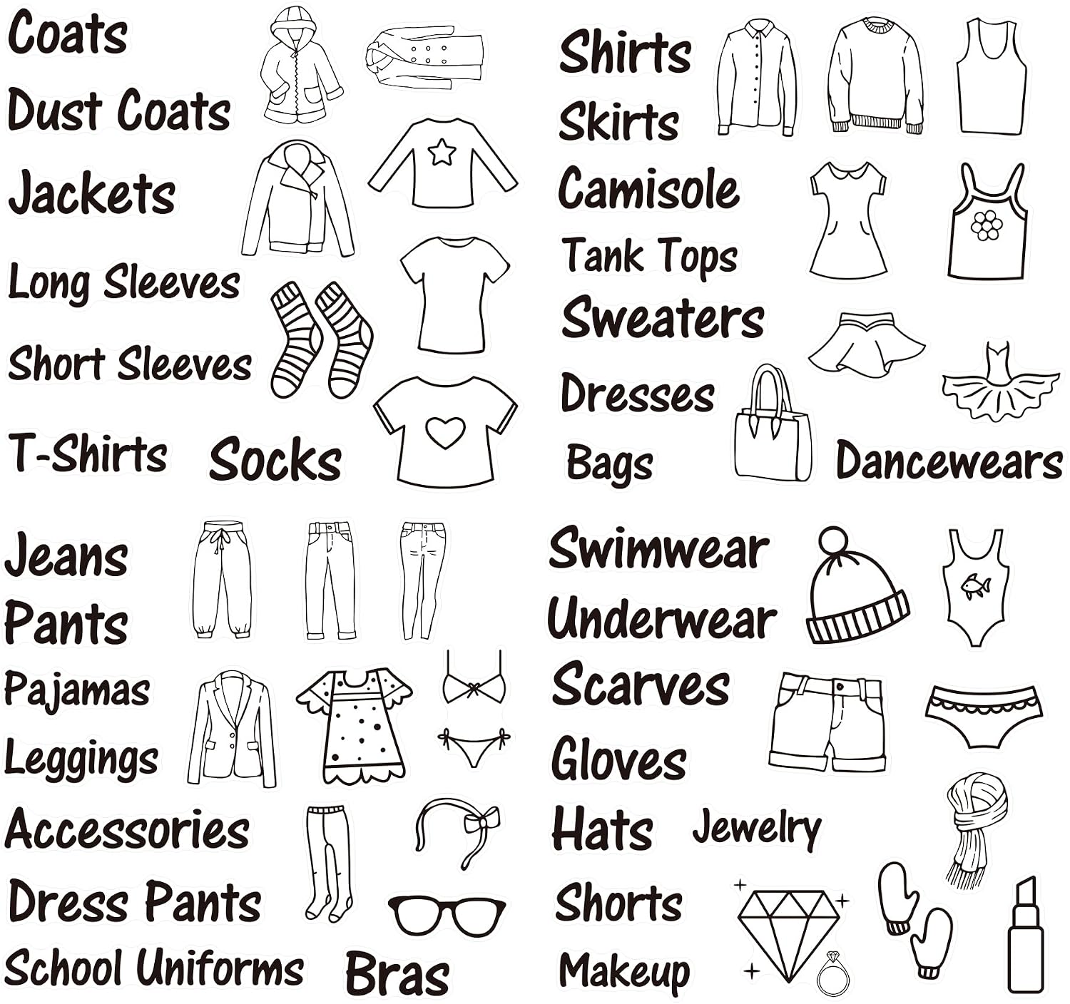4 Sheets (32 Icons) Dresser Clothing Organization Icon Decals for Bedroom Closet Vinyl Jackets Shirts Pants Pajamas Underwear Labels Decals Decor for Home Wardrobe Drawer Shelf (Black Women)