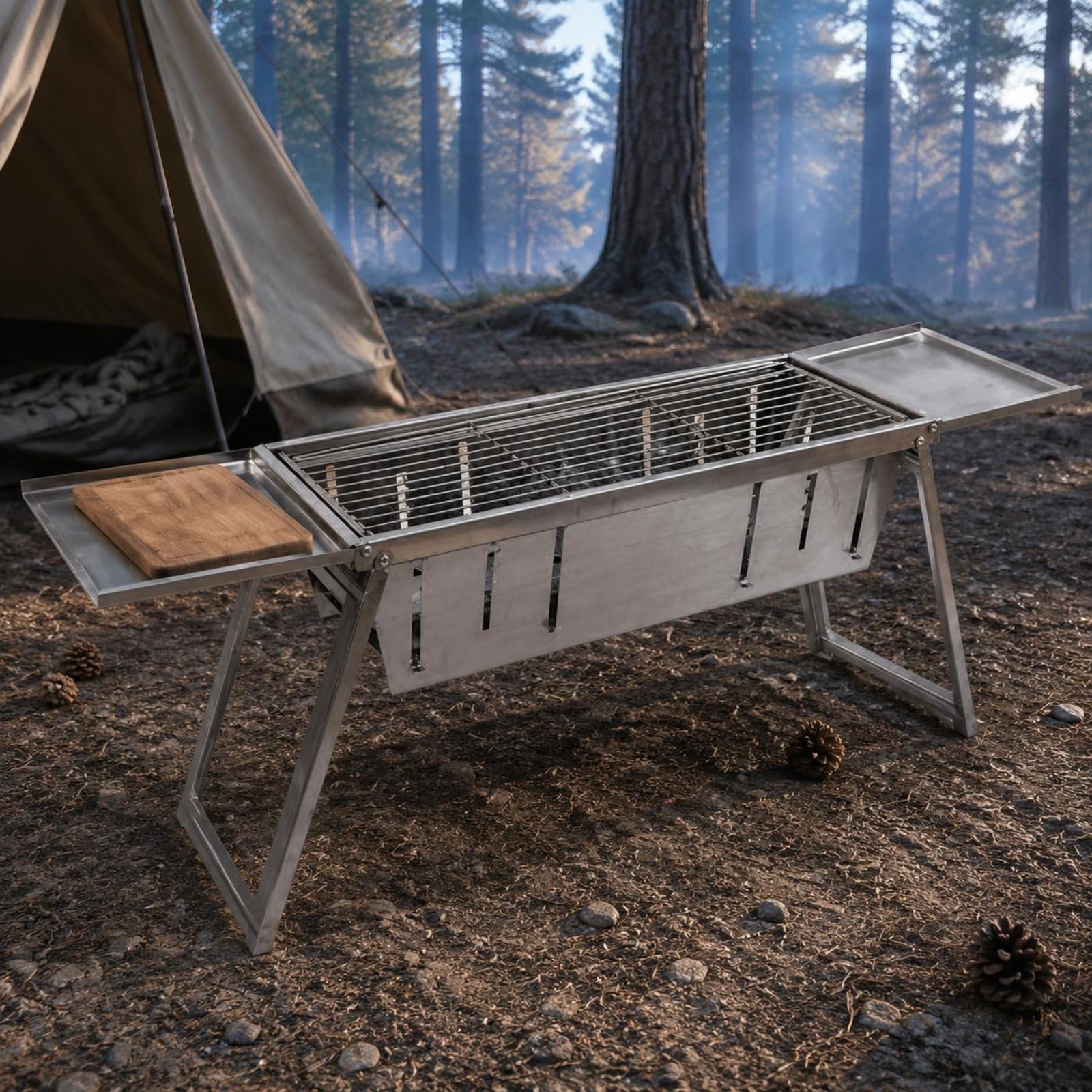 MagiDeal Parrilla Barbacoa Exterior Plegable con Banjas Laterales y Rejilla Central Acero Inoxidable para Cocinar al Libre en Camping y Patio