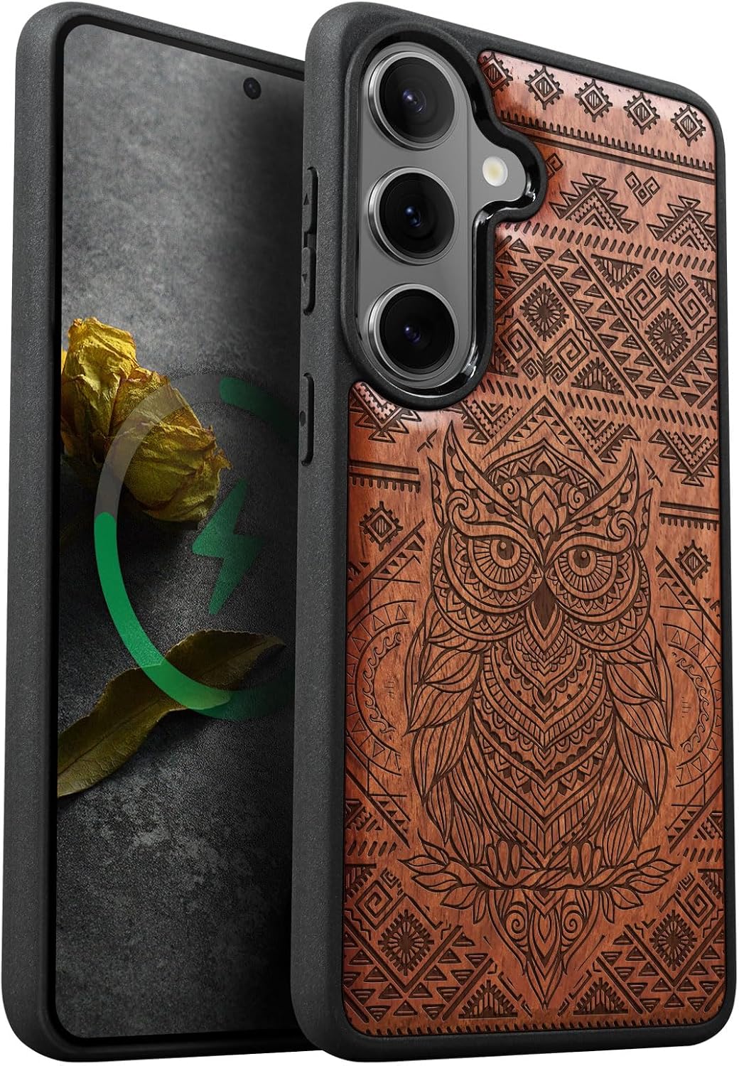 Carveit Magnetic Wooden Case for Galaxy S26+ Samsung S26 Plus Case, TPU Shockproof Cover & Wood Engraved, Compatible with MagSafe Wireless Chargers (Owl Mandala) Rosy