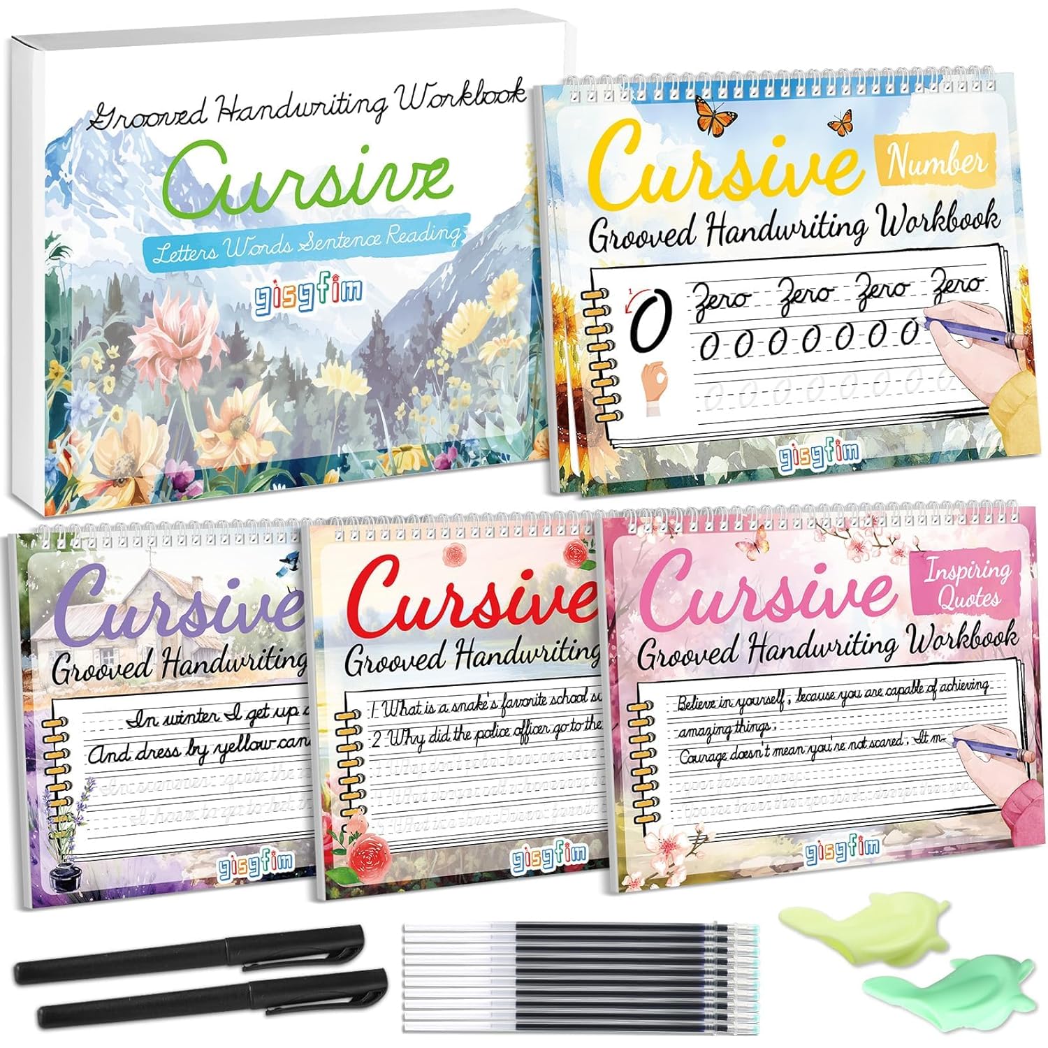gisgfim 4 Pack Grooved Cursive Handwriting Workbook Kit Magic Reusable Grooved Handwriting Practice with Disappearing Ink Pens Cursive Workbook for Kids Number Poems Jokes & Riddles Inspiring Quotes
