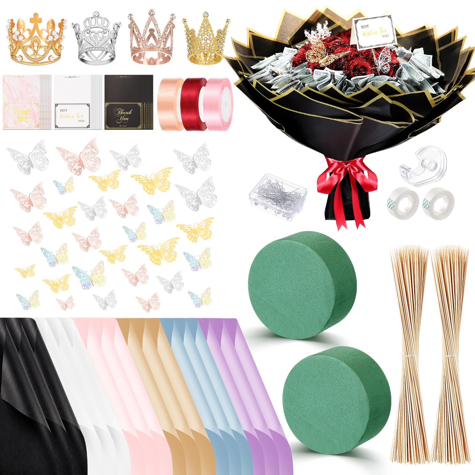 Fullhawl Kit de 48 feuilles de papier cadeau en forme de fleur, 48 papillons, 4 couronnes, 18 cartes, 150 brochettes en bambou pour anniversaire, anniversaire de mariage, remise de diplôme, mariage