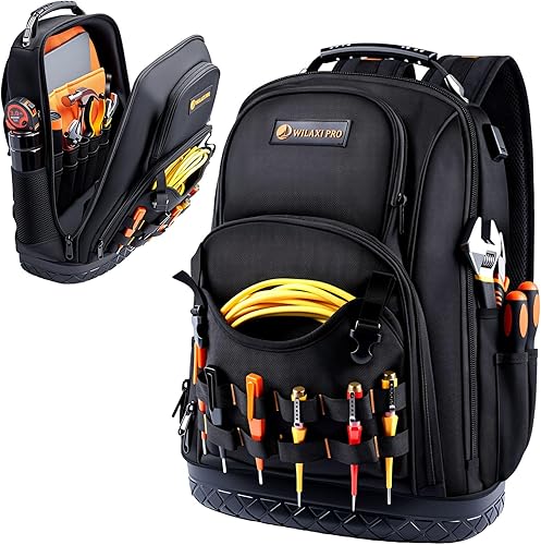 Mochila de herramientas resistente, bolsa de herramientas para hombres, tela Oxford impermeable con base de plástico, gran capacidad de 19 pulgadas