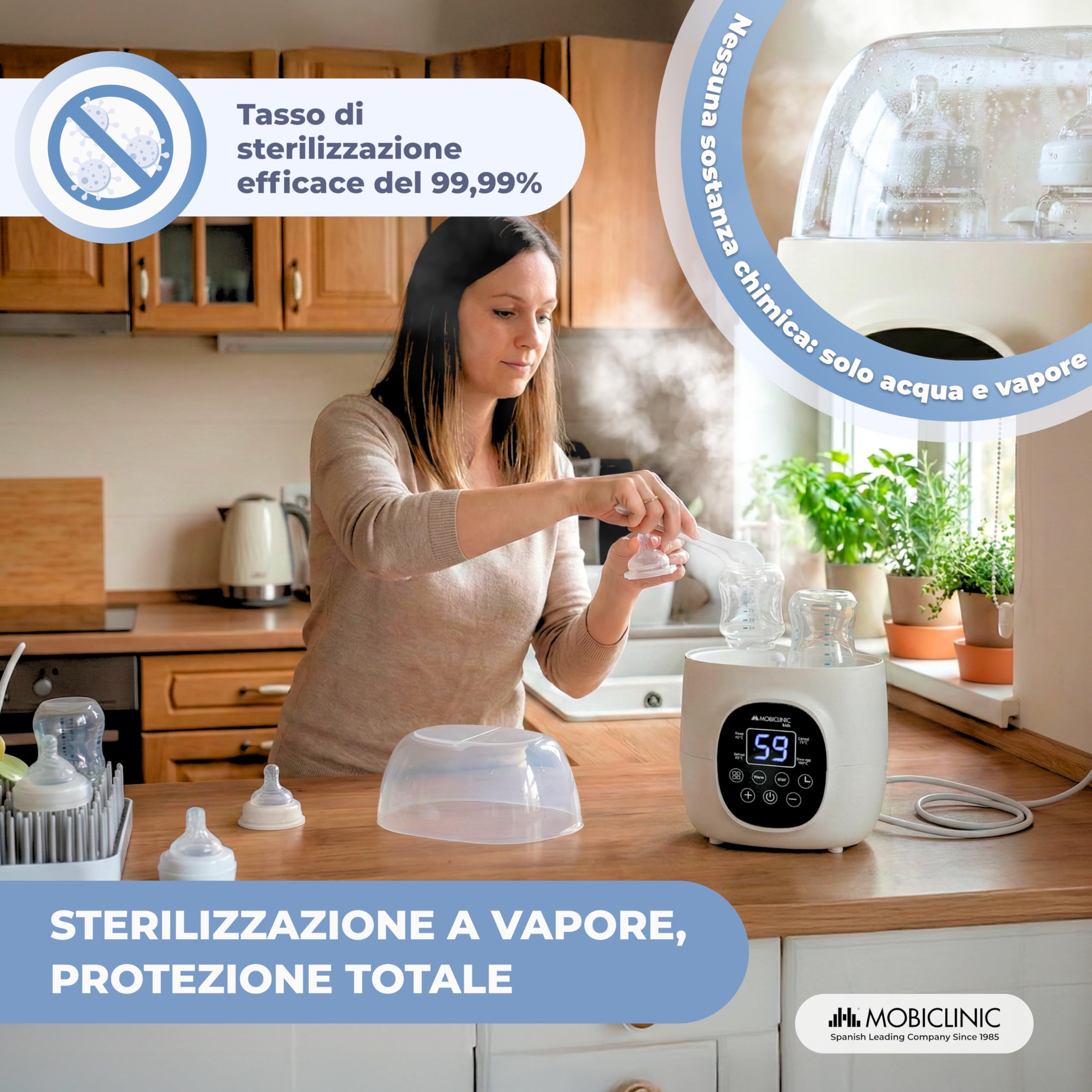 Mobiclinic®, Scaldabiberon e Sterilizzatore, 6 in 1, Doppia Capacità, Scongela, Programmabile, Mantiene la Temperatura, Riscaldamento Rapido, Latte Materno, Senza BPA, Schermo LCD, Compatto, Bibidu