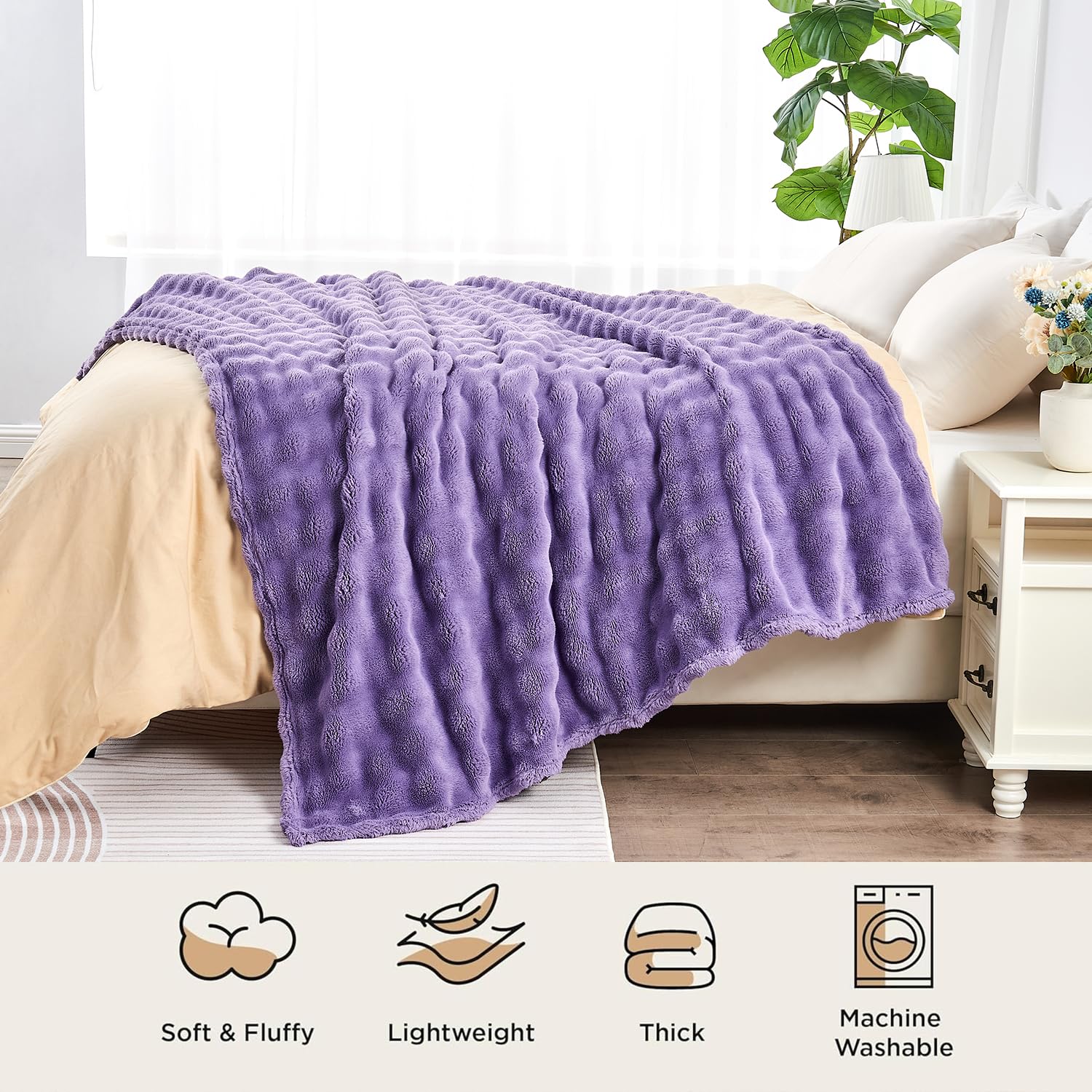 Wajade Fleece Throw Blanket Bubble Faux Fur Fluffy Bed Blanket Super Cosy Warm Large Blanket for Bed Sofa Car Lilac 153x203CM - Image 4