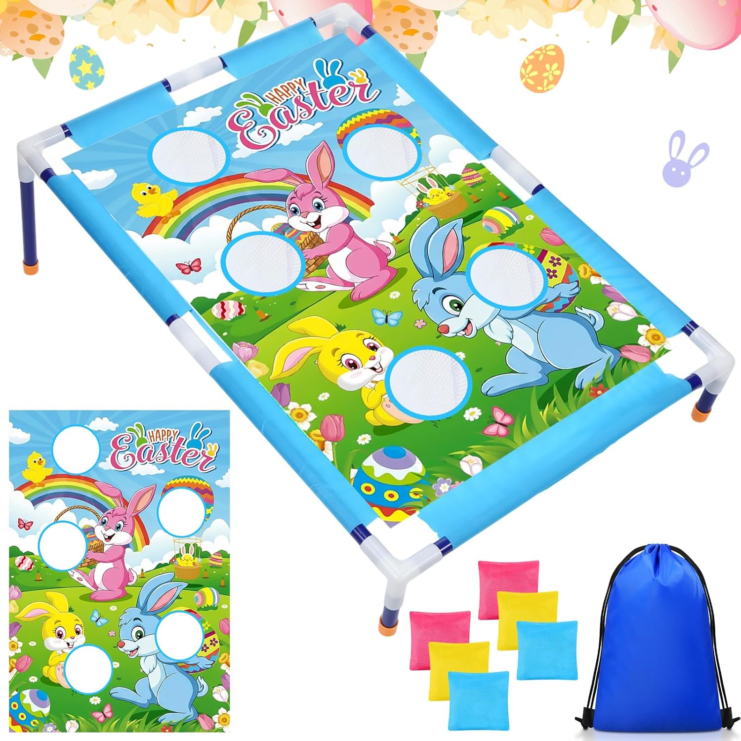 Easter Bean Bag Toss Games with 6 Bean Bags Bunny Portable PVC Framed Cornhole Game Set for Easter Family Holiday Birthday Outdoor Game Party