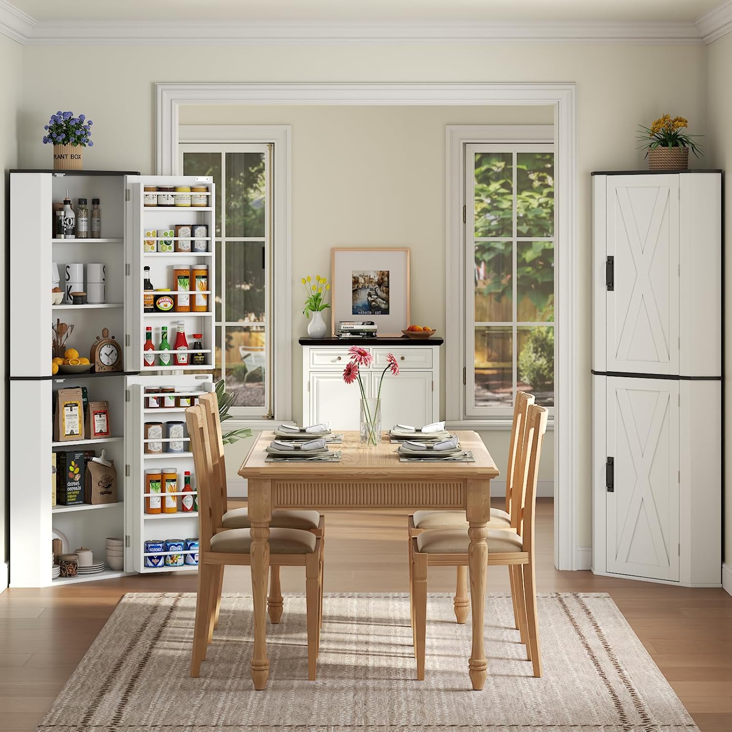 Gyfimoie Corner Cabinet, Freestanding Kitchen Pantry Storage Cabinet with 2 Doors and Shelves, Buffet Hutch with Side Shelf, Tall Farmhouse Food Pantry for Kitchen, Dining Room, White