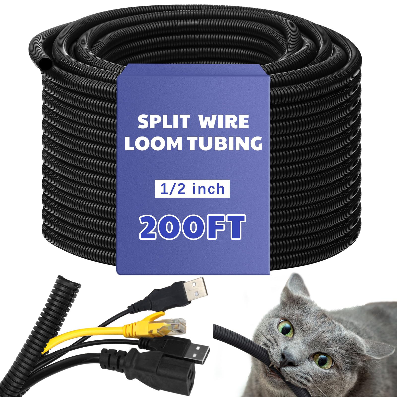 Kanayu 1/2''-200 Ft Split Wire Loom Tubing, Black Flame Retardant