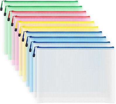 10 Pcs Zipper File Bags, Waterproof Plastic Mesh Pouch for Office School, Board Game Storage Bags A3 Size 16.9x12, Multicolored