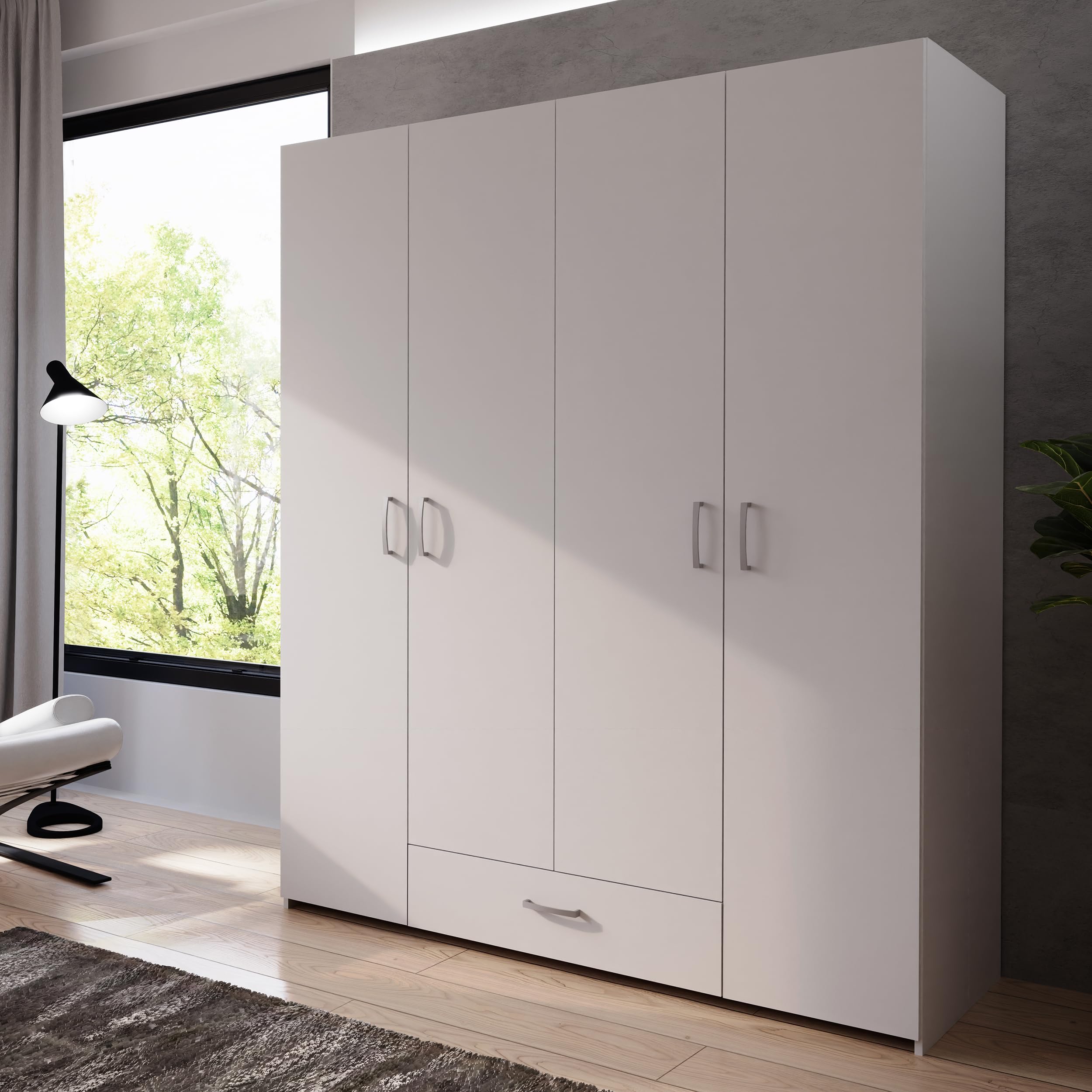 Forte ECONOBOX Kleiderschrank 160, moderner Schrank mit 4 Drehtüren und 1 Schublade, Holzwerkstoff, Weiß, 159,1 cm breit, 190,5 cm hoch, 54,4 cm tief