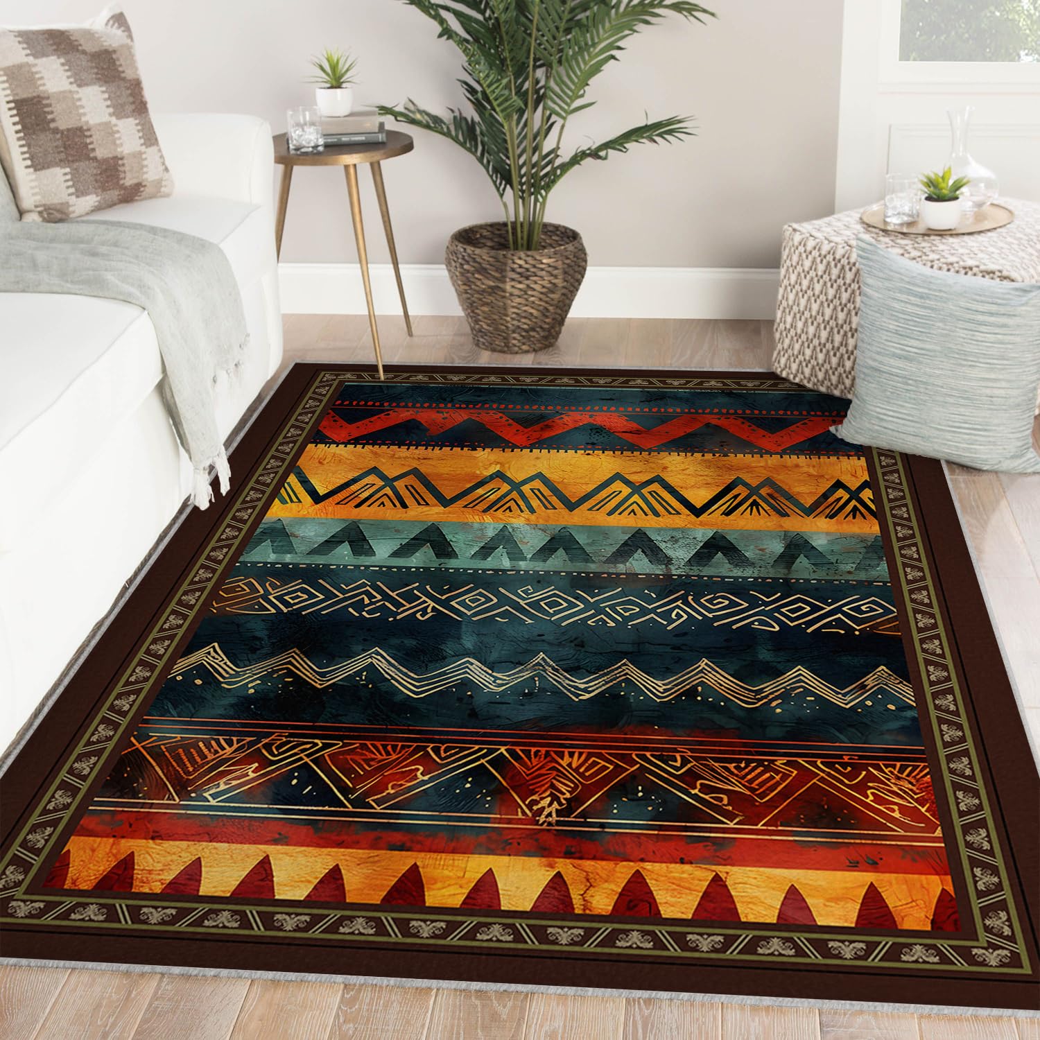 Tapis antidérapant et lavable aztèque 150x210cm à poil bas pour une maison moderne