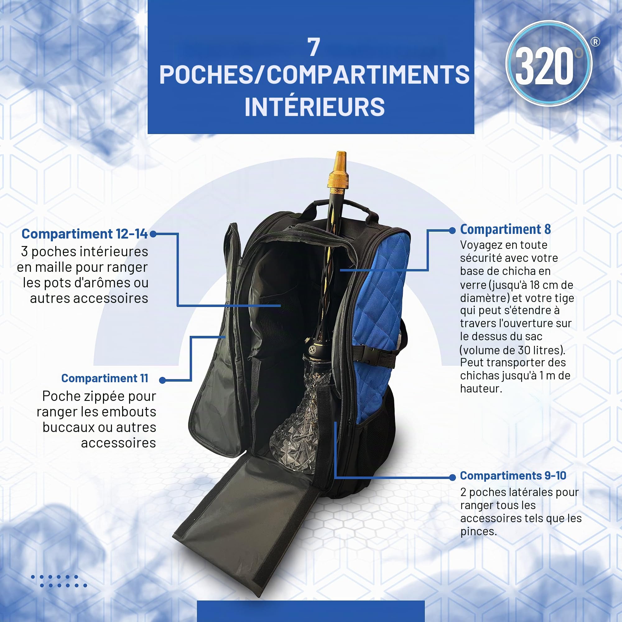 Grand sac de transport pour chicha narguilé Sac de transport Sac à dos de transport 14 compartiments Noir et bleu Sac de voyage, noir/bleu, Sac de voyage
