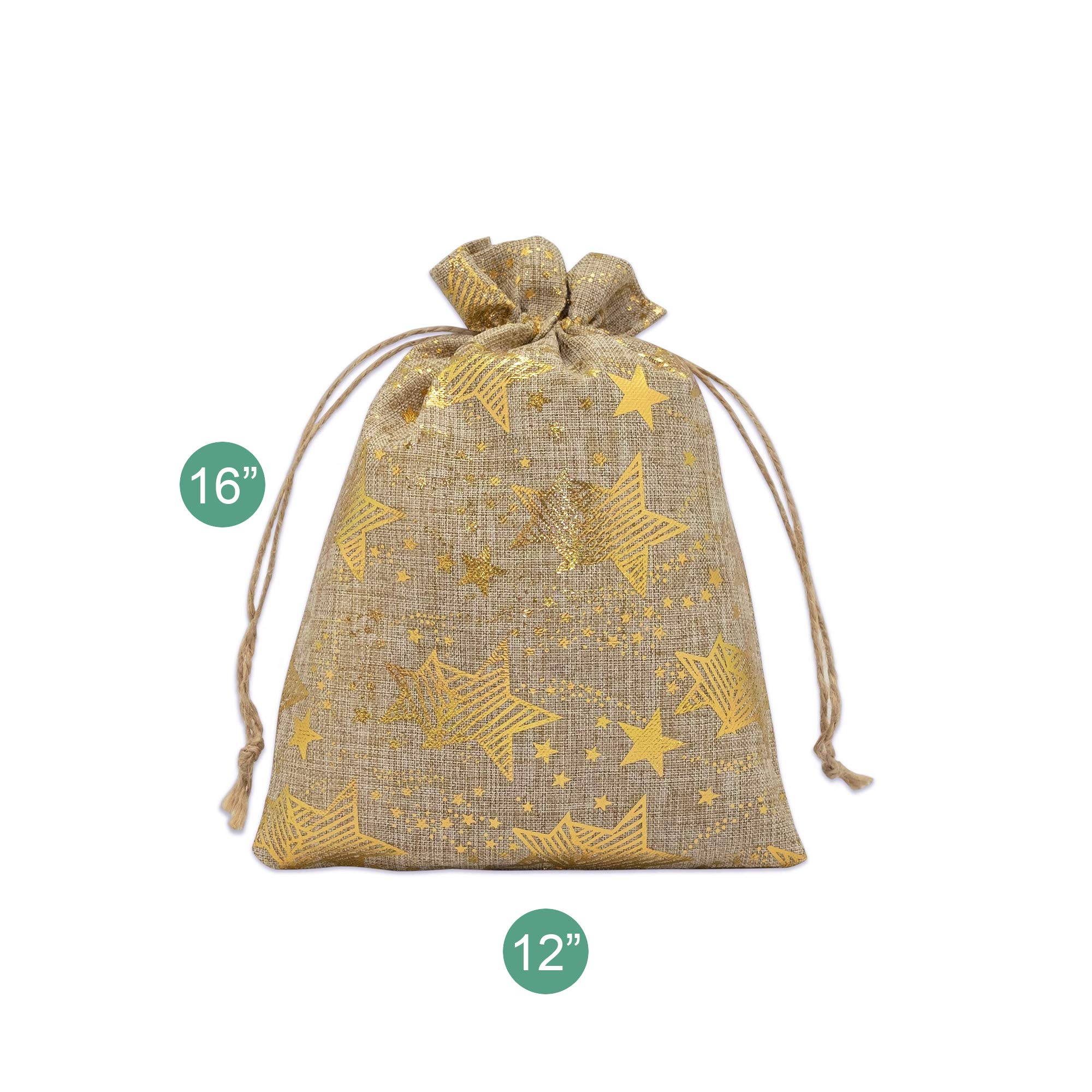 12-Pack 12x16 Reusable Jute Burlap Canvas Gift Bags w. Drawstrings (Golden Stars, X-Large) - for Presents, Party Favors, Retail, Samples by TheDisplayGuys