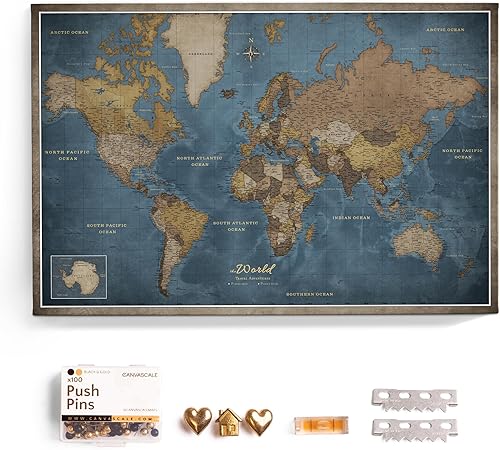 Mapa del mundo en lienzo con tablero de corcho - Letras inglesas - Decoración decorativa de pared para todas las habitaciones - Cuadros en lienzo