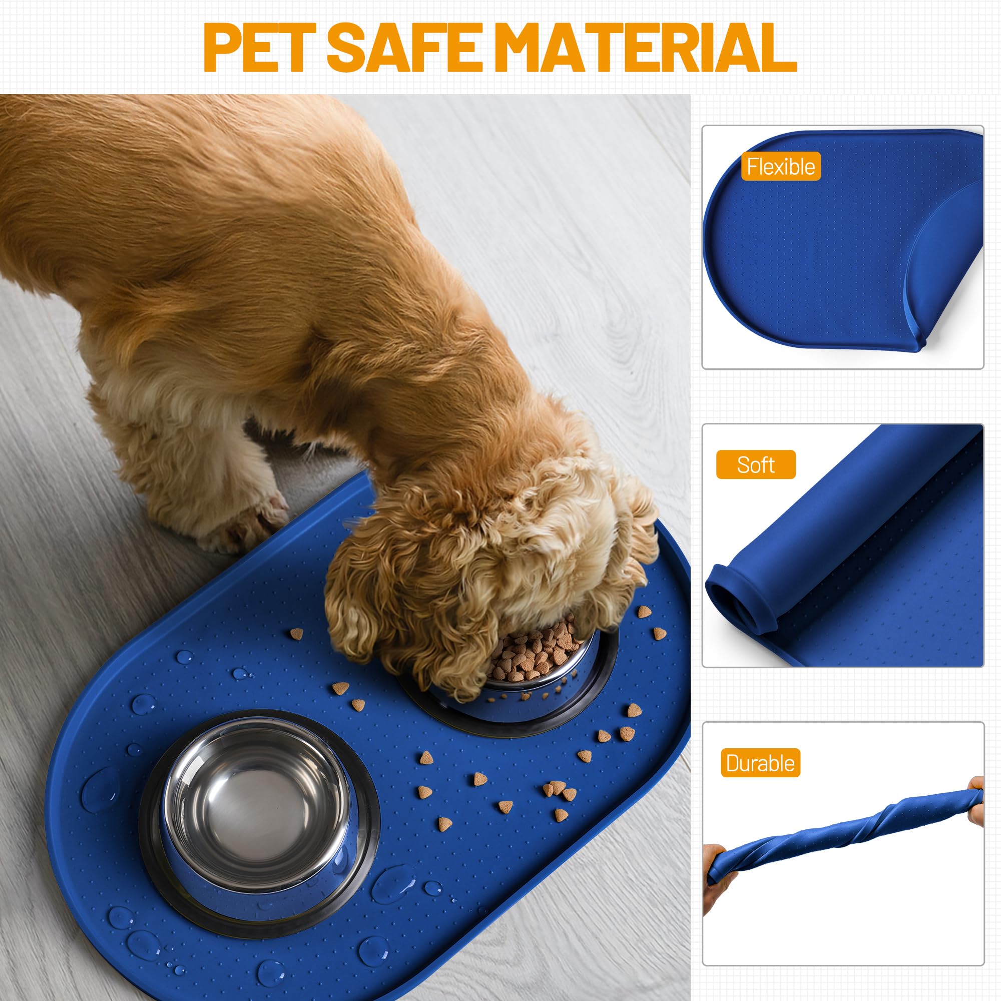 Hubulk Tapis d'alimentation en silicone 100 % imperméable avec bord surélevé pour la nourriture et l'eau, tapis de gamelle pour chien, set de table pour chat avec rebord haut protège le sol pour chats