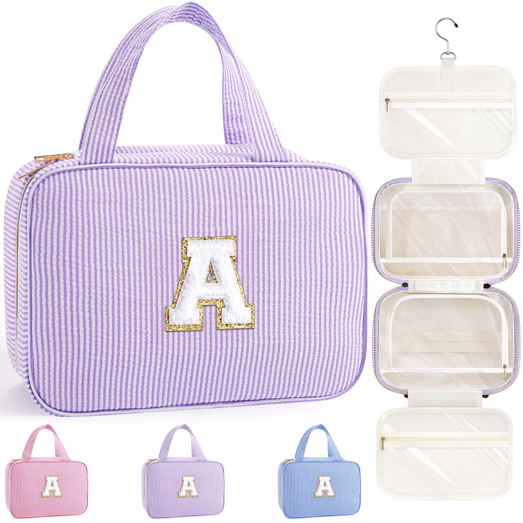 TOPEAST Travel Hanging Toiletry Bag & Makeup Bag, Personalized Initial Toiletry Pouch, Birthday Gifts for Women Teen Girls, Cruise Essentials, Purple