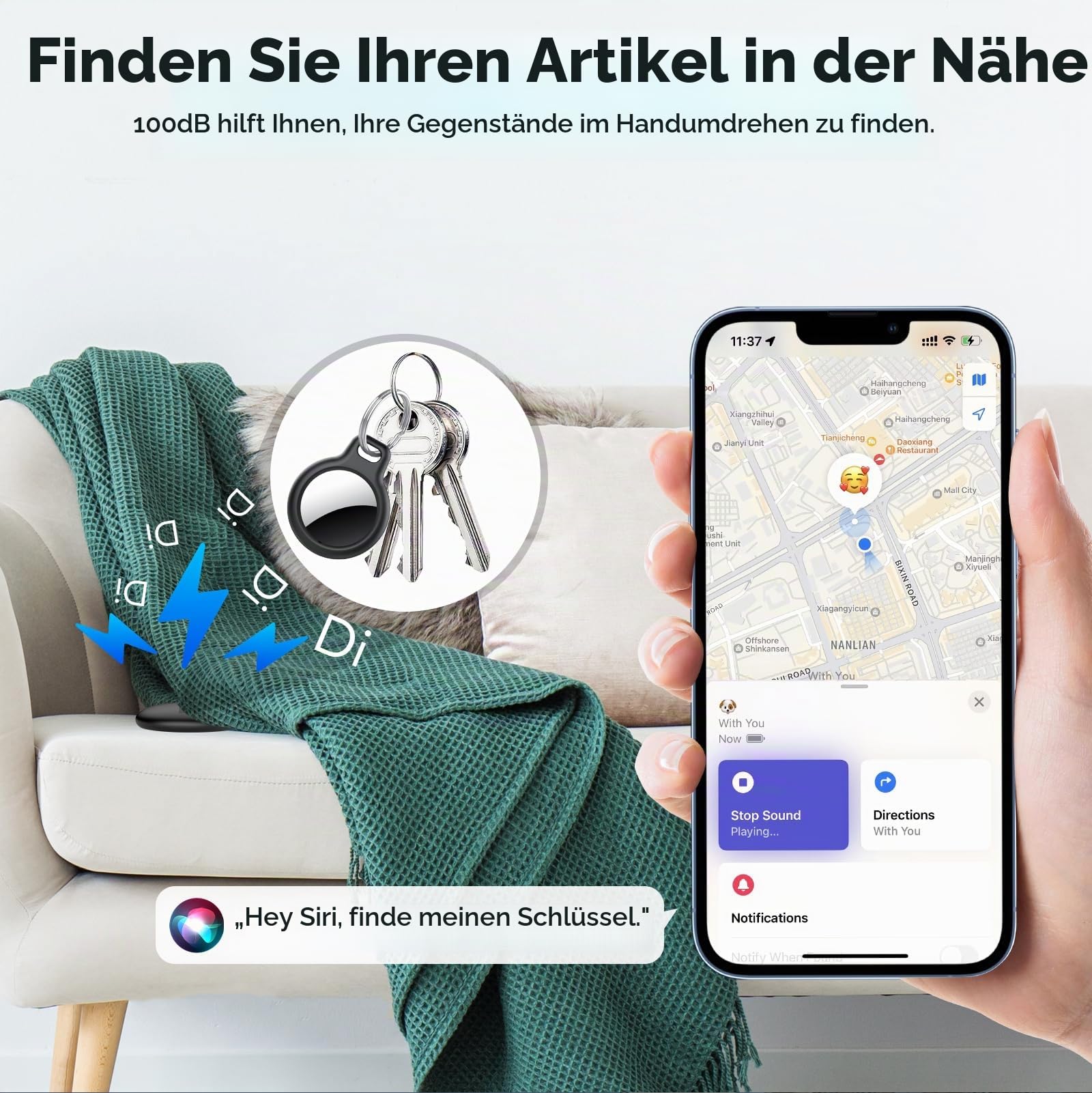 Air Tracker Smart Tag 4 Pack, Schlüsselfinder Kompatibel mit Apple Wo ist? APP (Nur iOS), Bluetooth Key Finder für Gepäck/Taschen/Brieftasche, IP68 Wasserdicht, Austauschbarer Akku