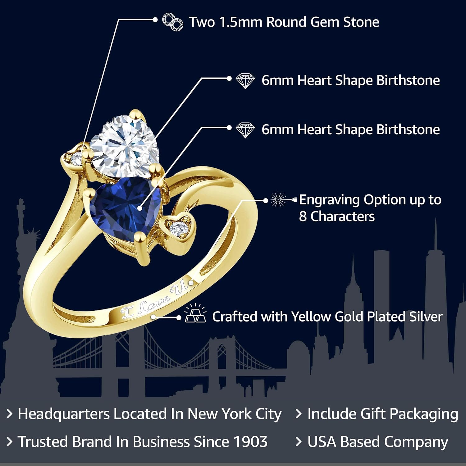 Gem Stone King Customized and Personalized Engraved Engagement Ring For Women | 6MM Heart Shape | Gemstone Birthstone | 18K Yellow Gold Plated Silver | Wedding Anniversary Promise Ring