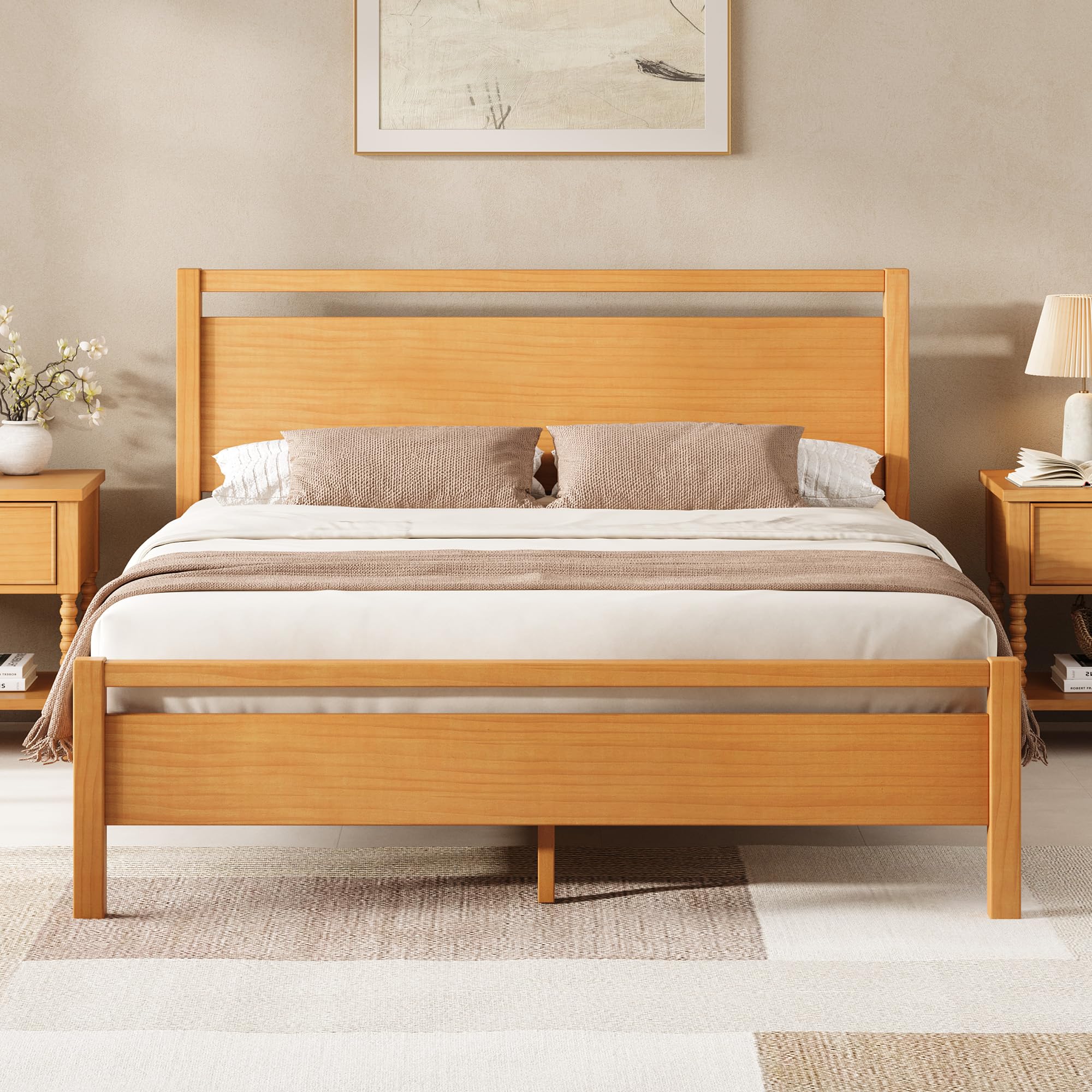 AMERLIFE Minimalist Full Size Solid Wood Bed Frame with Headboard