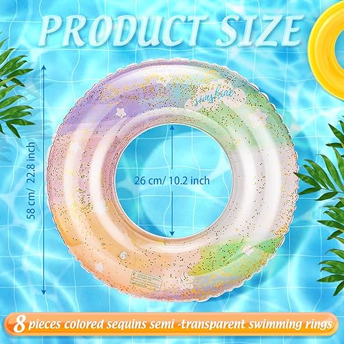 Miniatura 2 de Wettarn Flotadores inflables para piscina, juguetes para natación, tubos de natación, anillos interiores con lentejuelas con purpurina para el agua,