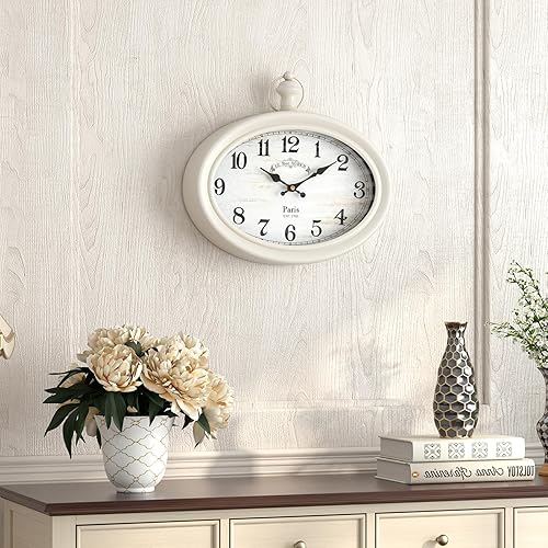 Miniatura 7 de Ddysins Reloj de pared ovalado retro, estilo antiguo vintage, blanco, funciona con pilas, para granja, cocina, dormitorio, baño (10.5 pulgadas de