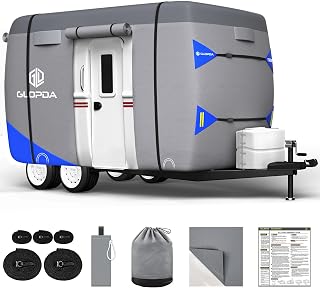 Fiberglass Travel Trailer Cover Fits 8' - 10' Trailers, Anti-Tear 7 Layer Top Camper RV Cover, Superior RV Covers with Windproof Strap, Adhesive Repair Patches