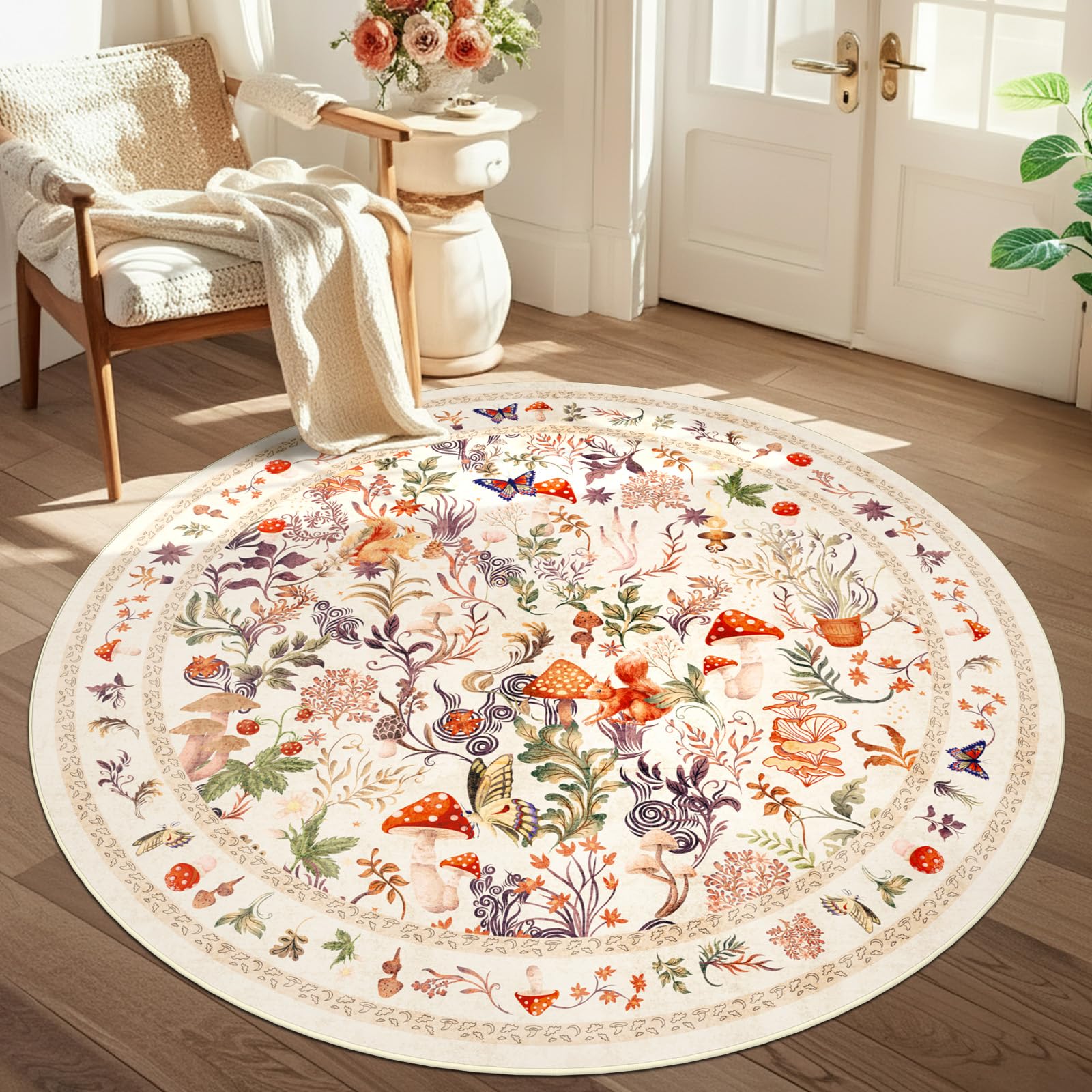 GEANUP Fairytale Round Rugs for Living Room 120cm, Beige Washable Circle Area Rugs for Bedroom Non Slip, Soft Low Pile Mushroom Circular Carpet for Kids Room Dining Room Nursery Kitchen Non-Shed