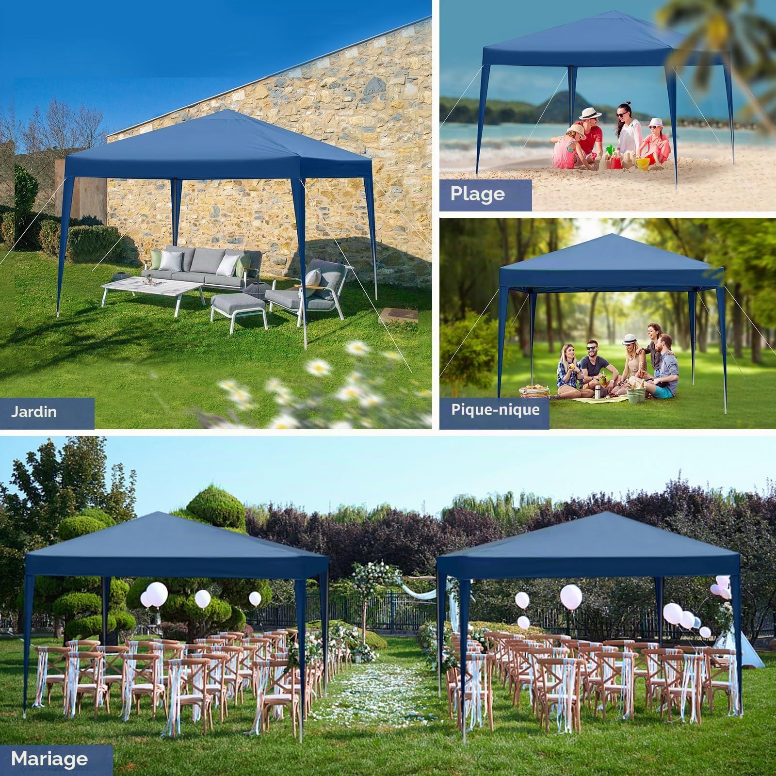 Tonnelle Pliante 3x3 m, Imperméable & Résistante,UV 50+ – Tissu Oxford 420D,Réglable en Hauteur,pour Jardin, Camping & Événements，Bleu
