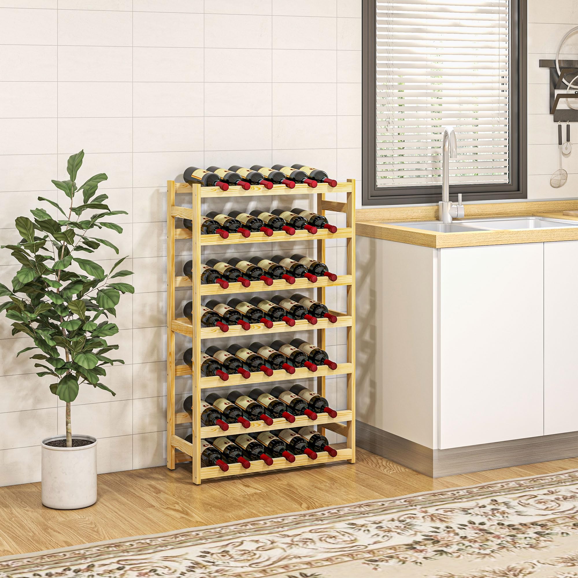 HOMCOM Casier Bouteilles vin pour 42 Bouteilles, Porte-Bouteille en Bois à 7 Niveaux, Range Bouteille étagère à vin pour Salon Bar, 63 x 25 x 102 cm, Naturel