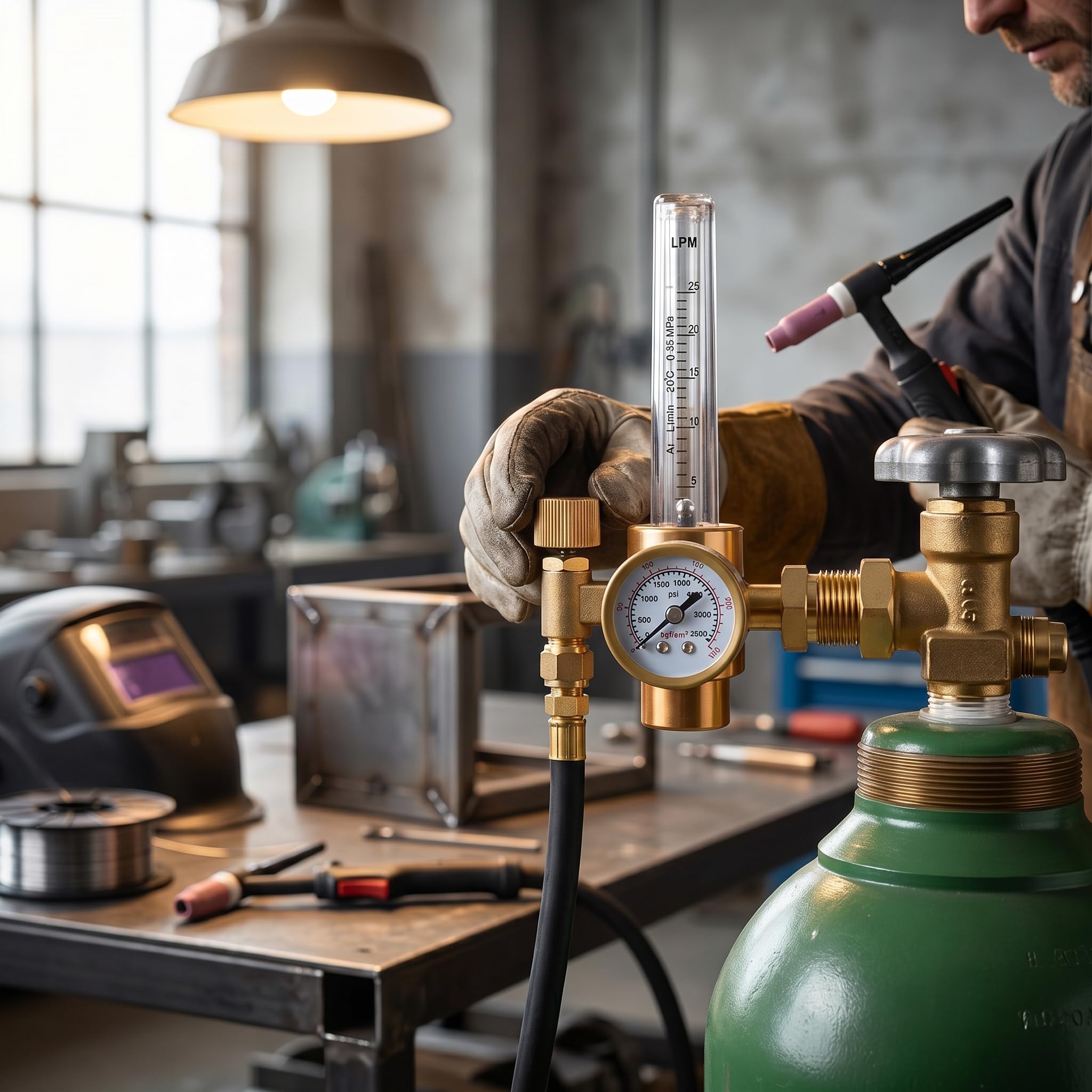 Regulador de Caudalímetro de Argón, Medidor de Gas de Latón PC + H59, Regulador de Soldadura con Manómetro Adecuado para Cilindro de Gas de Soldadura por de Argón TIG M12 X 1
