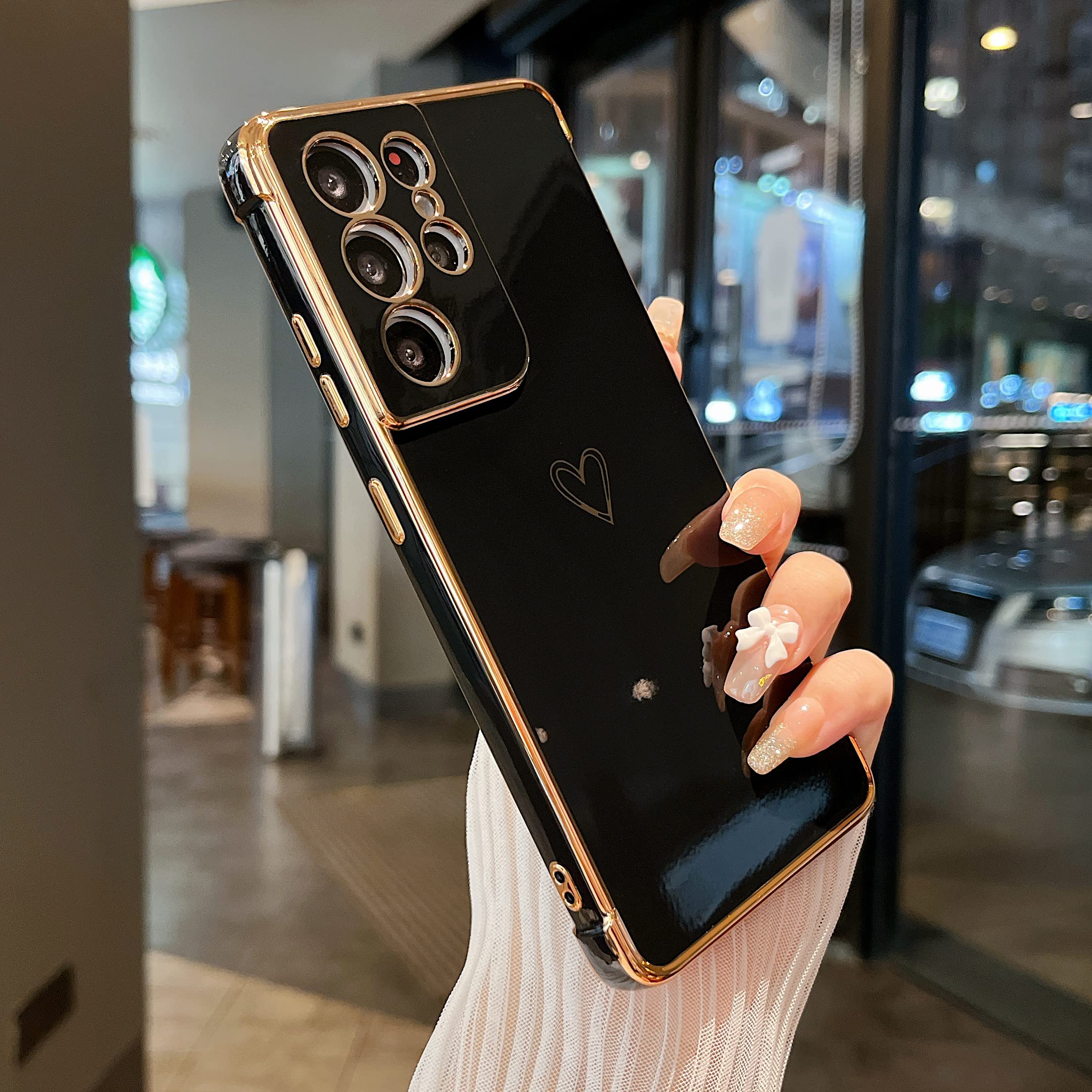 ZTOFERA Designed for Samsung Galaxy S21 Ultra 5G Case,Cute Plating Edge Love Hearts Pattern with Camera Lens Protection Phone Cover for Girls Women,Black