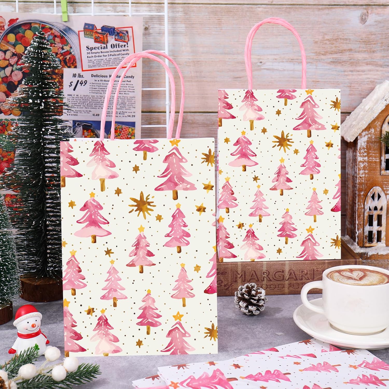 JarThenaAMCS 24Pcs Pink Christmas Paper Gift Bags with Handles Dots Xmas Tree Party Favor Bags Candy Goodie Treat Bag for Winter Holiday Birthday Party Supplies - Image 4
