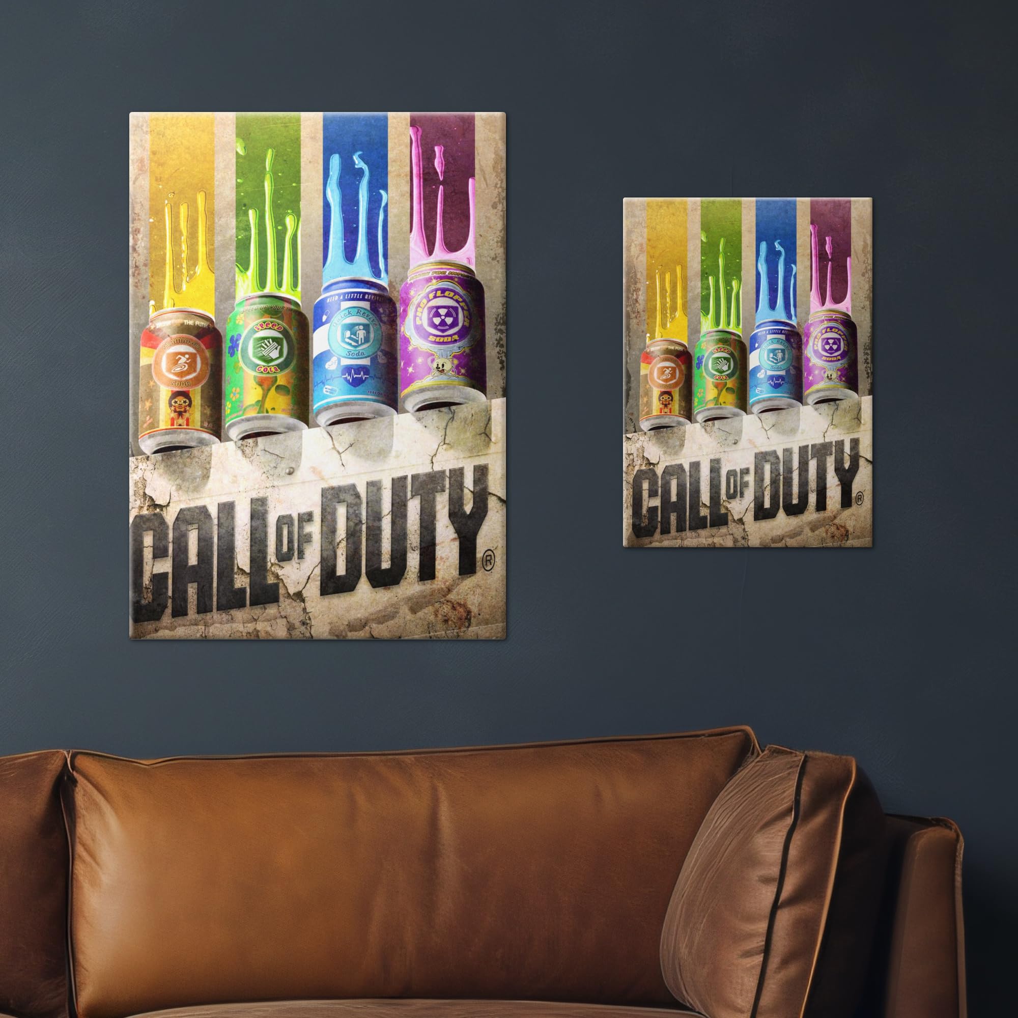 Displate Metall poster Call of Duty Perk-a-Cola Cans Wandkunst Deko Größe M | Bild Plakate für Schlafzimmer Dekor, Geschenke. Magnetische Befestigung Wandposter, Wanddeko. Metall Wandkunst.
