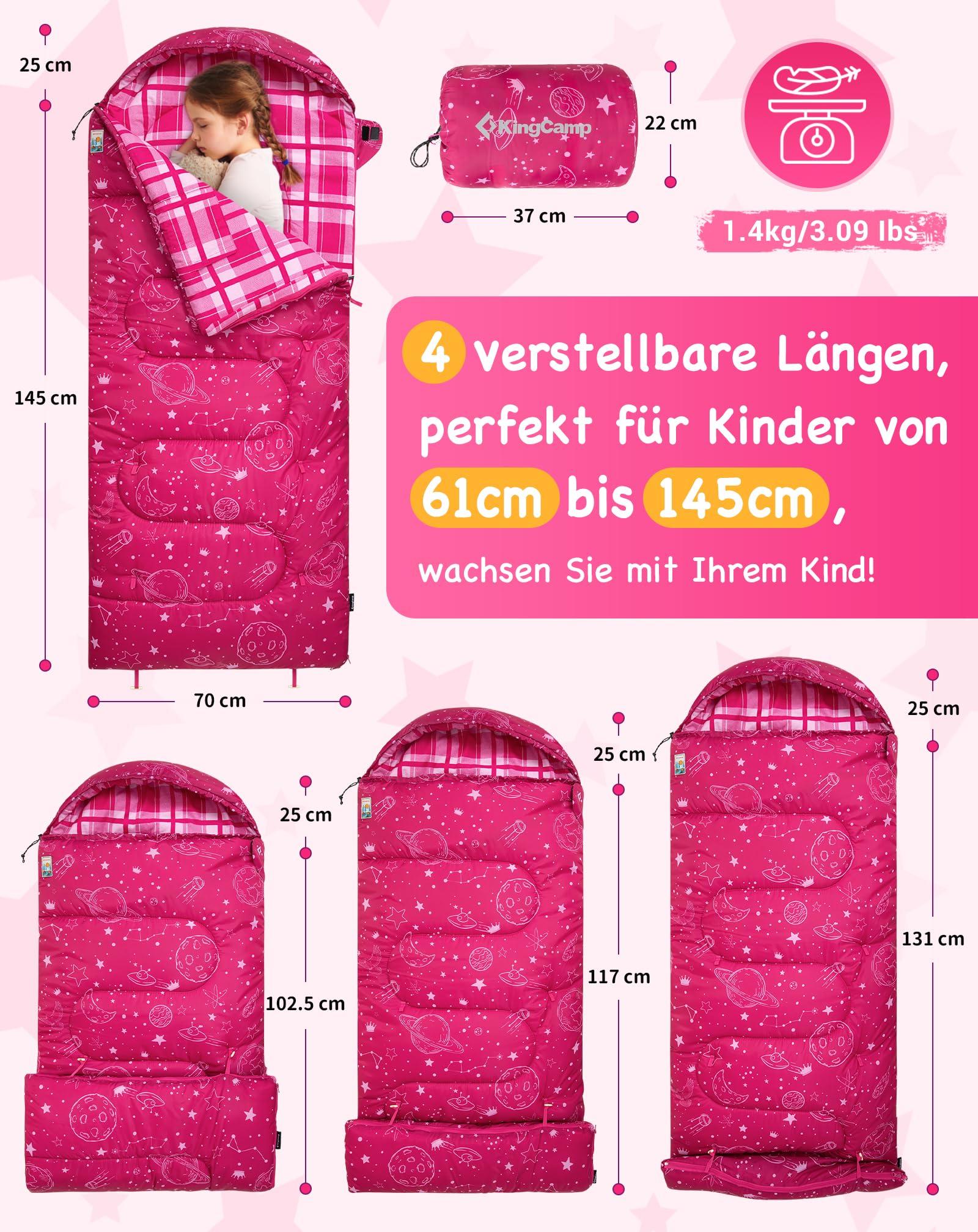 KingCamp Kinderschlafsack Flannel,Leicht, Wasserdicht und Kompakt,Schlafsack Winter,Deckenschlafsack 4 Jahreszeiten,Camping Zubehör,Geeignet für Kinder unter 140cm Größe, Komfort: 7°C