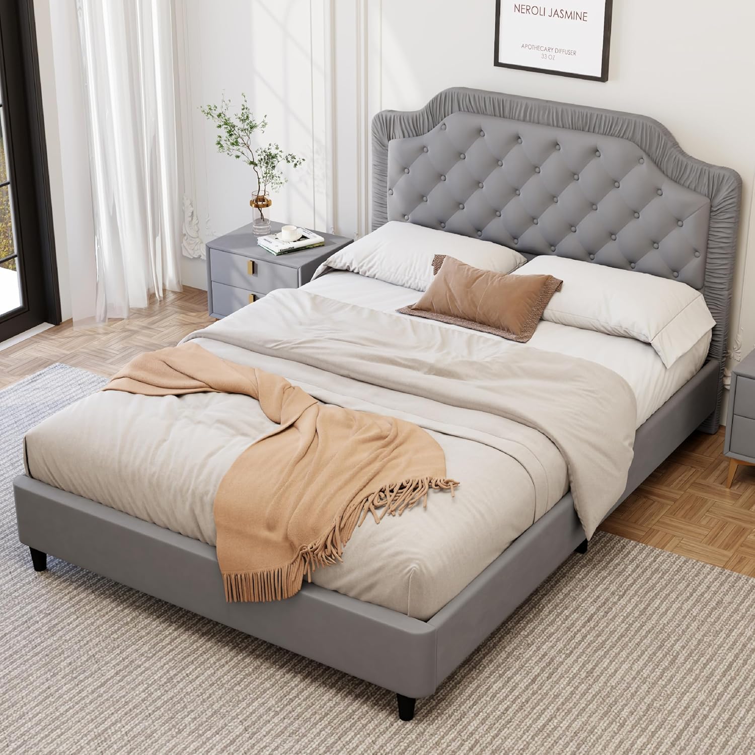 Merax Queen Size Velvet Upholstered Bed, Ruched & Button Tufted Platform Bed Frame with Tall Headboard, Mattress Foundation Beds for Bedroom, No Box Spring Needed, Noise-Free, Easy Assembly, Gray