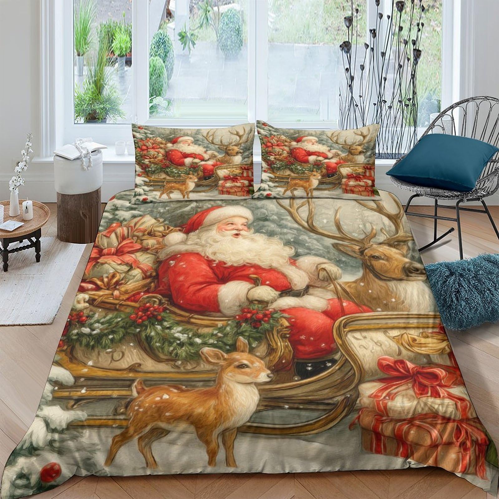 Ctjqhvkz Style-3 3D Printed Christmas Santa Fitted Sheet Microfiber Soft Deer Mattress Cover For Bedroom Guest Room Winter Decor Single（135X200cm）