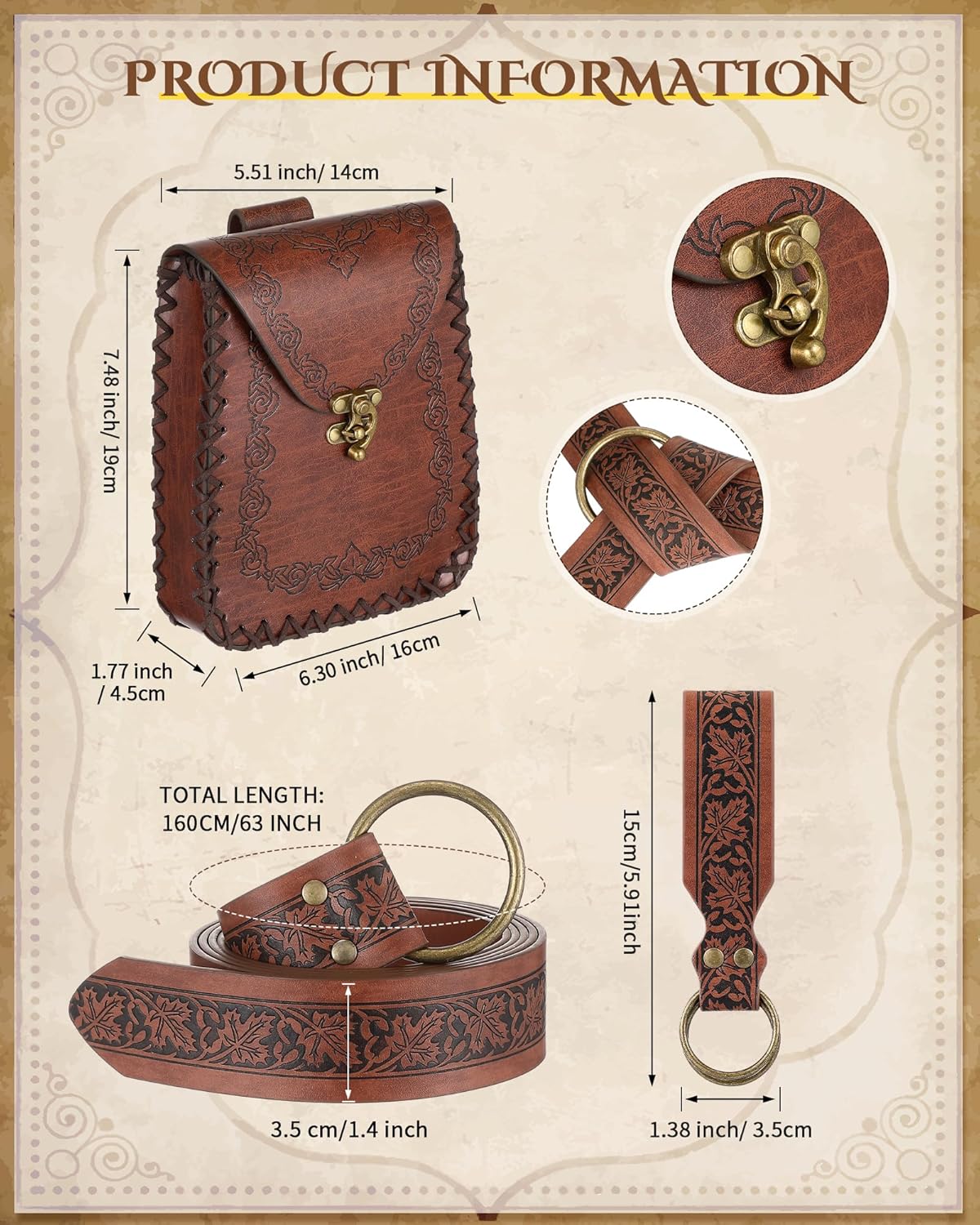 Geyoga 3 Pcs Renaissance Belt Women Skirt Hikes Renaissance Belt Bag Waist Leather for Ren Faire Costume(Leaf Pattern) Brown - Image 2