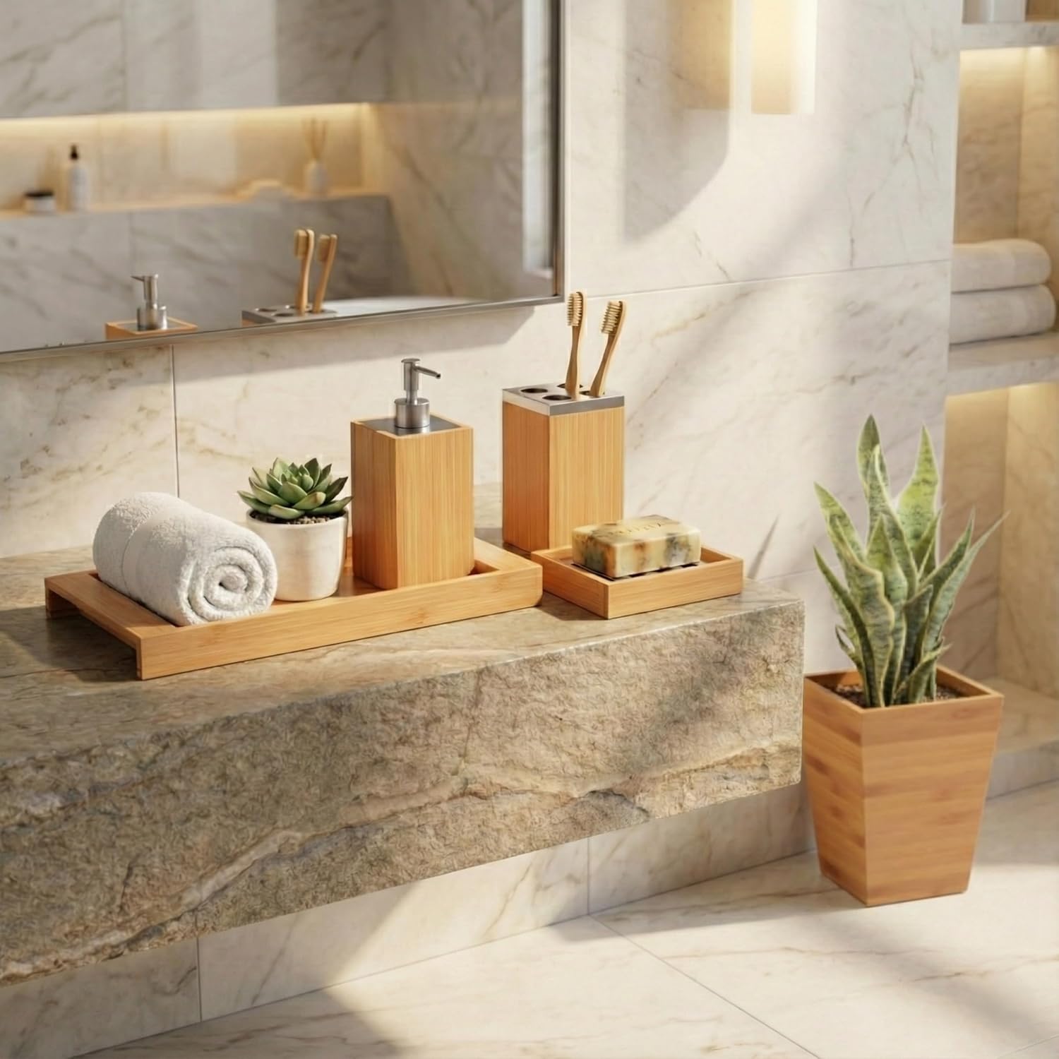 5-Piece Bathroom Decor Set - Bamboo Vanity Accessories with Trash Bin, Soap Dish, Soap Dispenser, Toothbrush Holder, and Tray by Lavish Home (Natural) - Image 6
