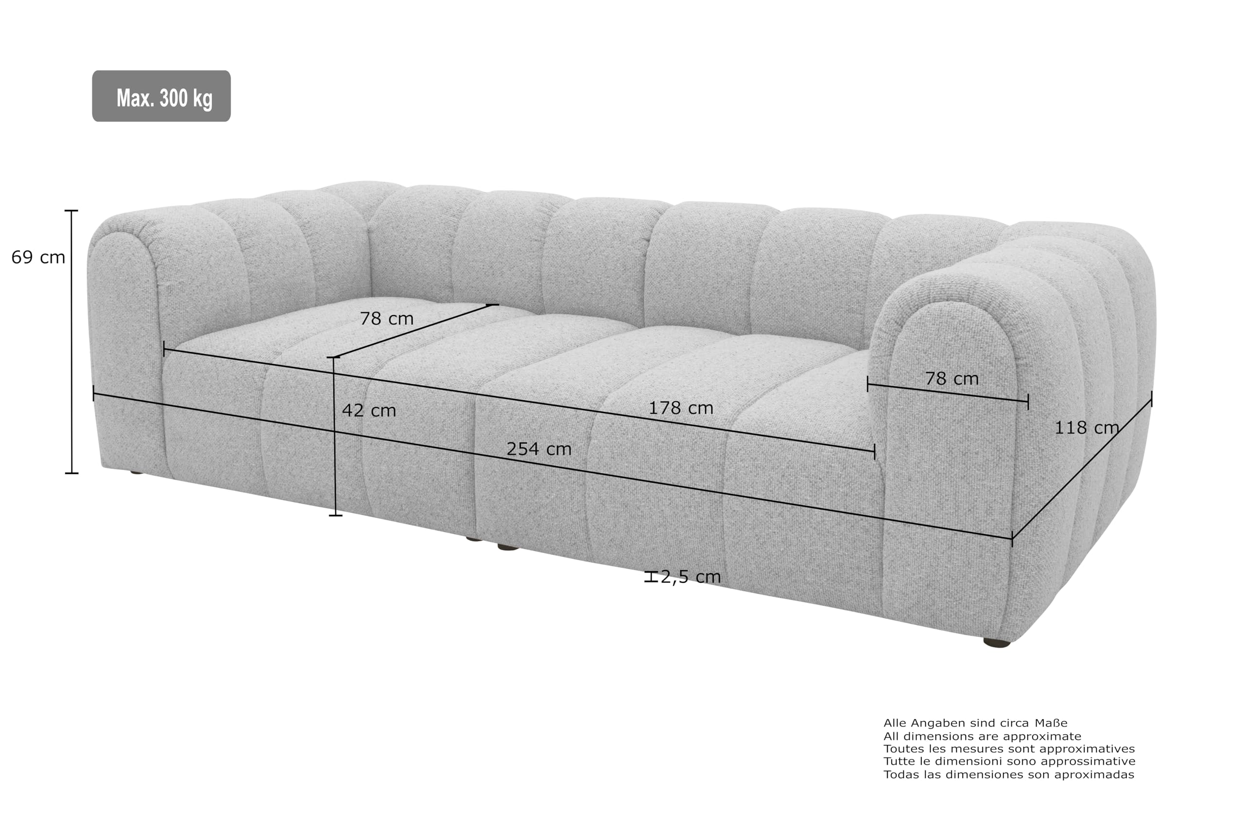 DOMO. collection Sofa Salto, 3-Sitzer Bigsofa mit Taschenfederkern, 3er Couch, Modulsofa, Polstergarnitur, 118 x 254 x 69 cm (BxTxH), beige